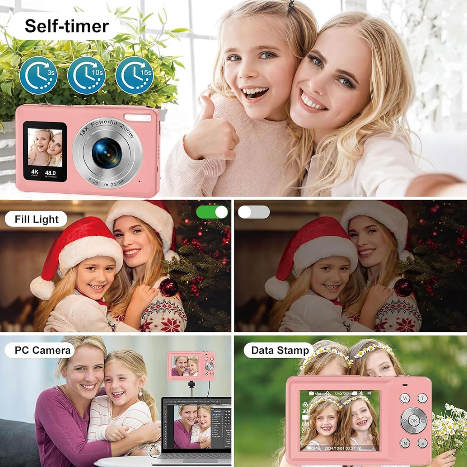 CÁMARA DIGITAL CON PANTALLA DUAL PARA SELFIES CÁMARA DIGITAL PARA NIÑOS DE 48 MP CON ZOOM DE 18X CÁMARA DE VIDEO 4K - 3
