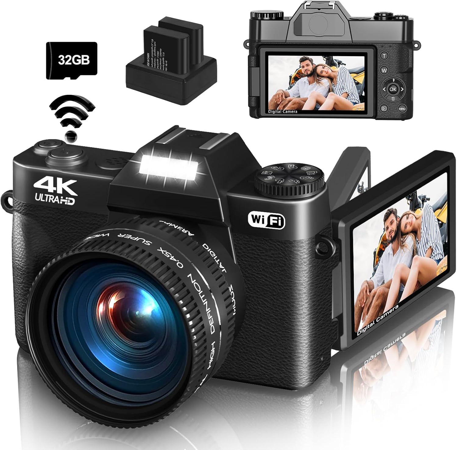 CÁMARA DIGITAL 4K PARA FOTOGRAFÍA Y VIDEOBLOGS, CÁMARA DE 56 MEGAPÍXELES PARA YOUTUBE CON WIFI, PANTALLA GIRATORIA DE 3 180 - 1