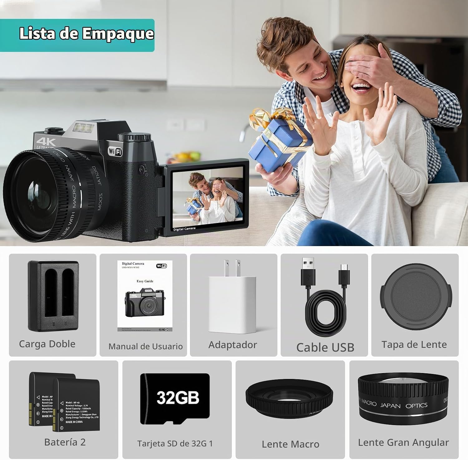CÁMARA DIGITAL 4K PARA FOTOGRAFÍA Y VIDEOBLOGS, CÁMARA DE 56 MEGAPÍXELES PARA YOUTUBE CON WIFI, PANTALLA GIRATORIA DE 3 180 - 2