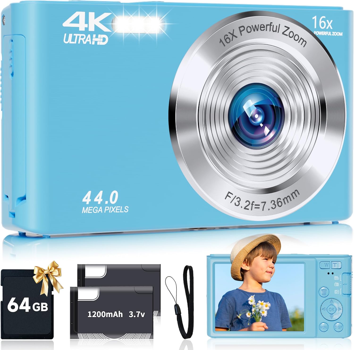 CÁMARA DIGITAL PARA ADOLESCENTES, FHD 4K 44MP CON TARJETA SD DE 64 GB, ZOOM DIGITAL 16X, CÁMARA COMPACTA DE DISPARO - 1