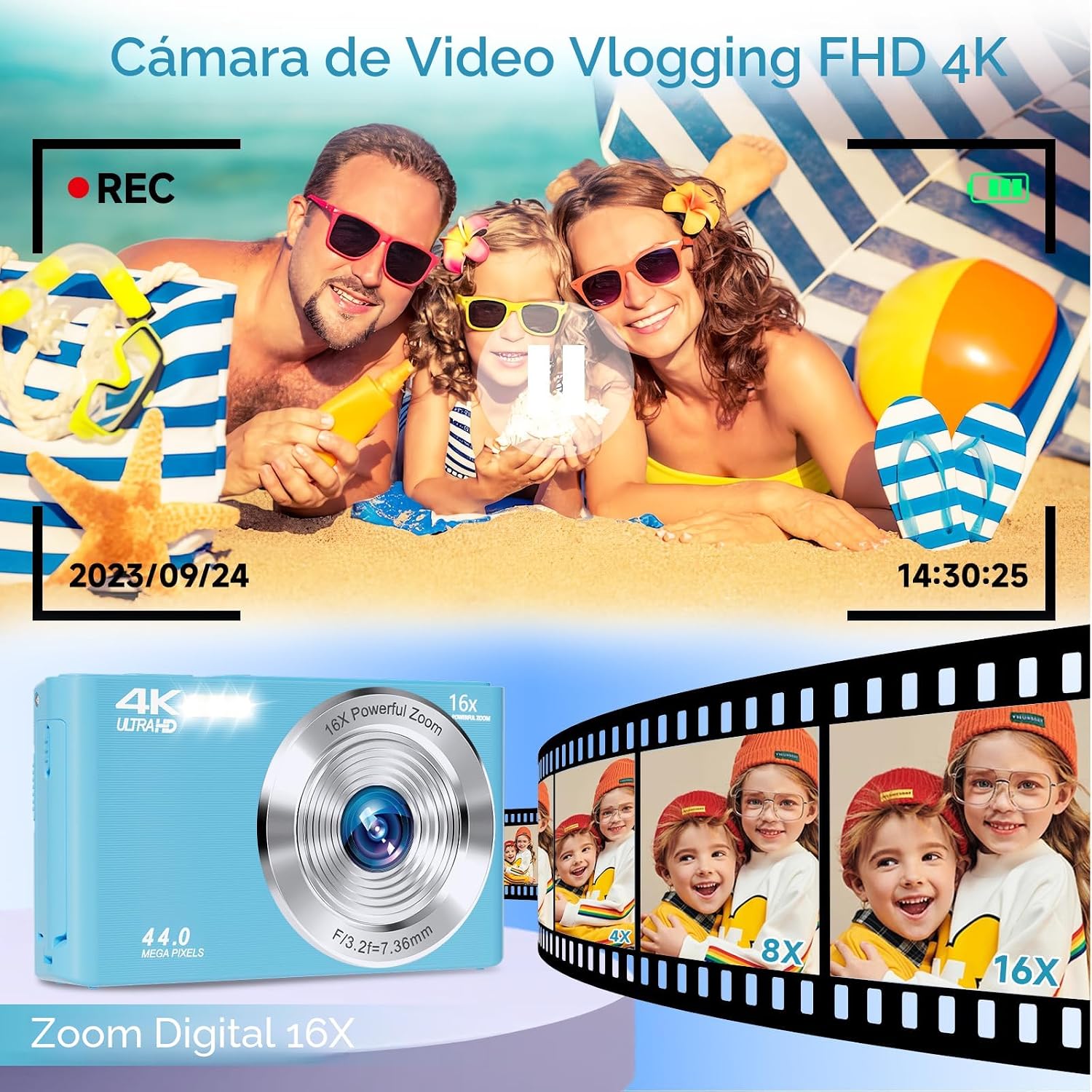 CÁMARA DIGITAL PARA ADOLESCENTES, FHD 4K 44MP CON TARJETA SD DE 64 GB, ZOOM DIGITAL 16X, CÁMARA COMPACTA DE DISPARO - 2