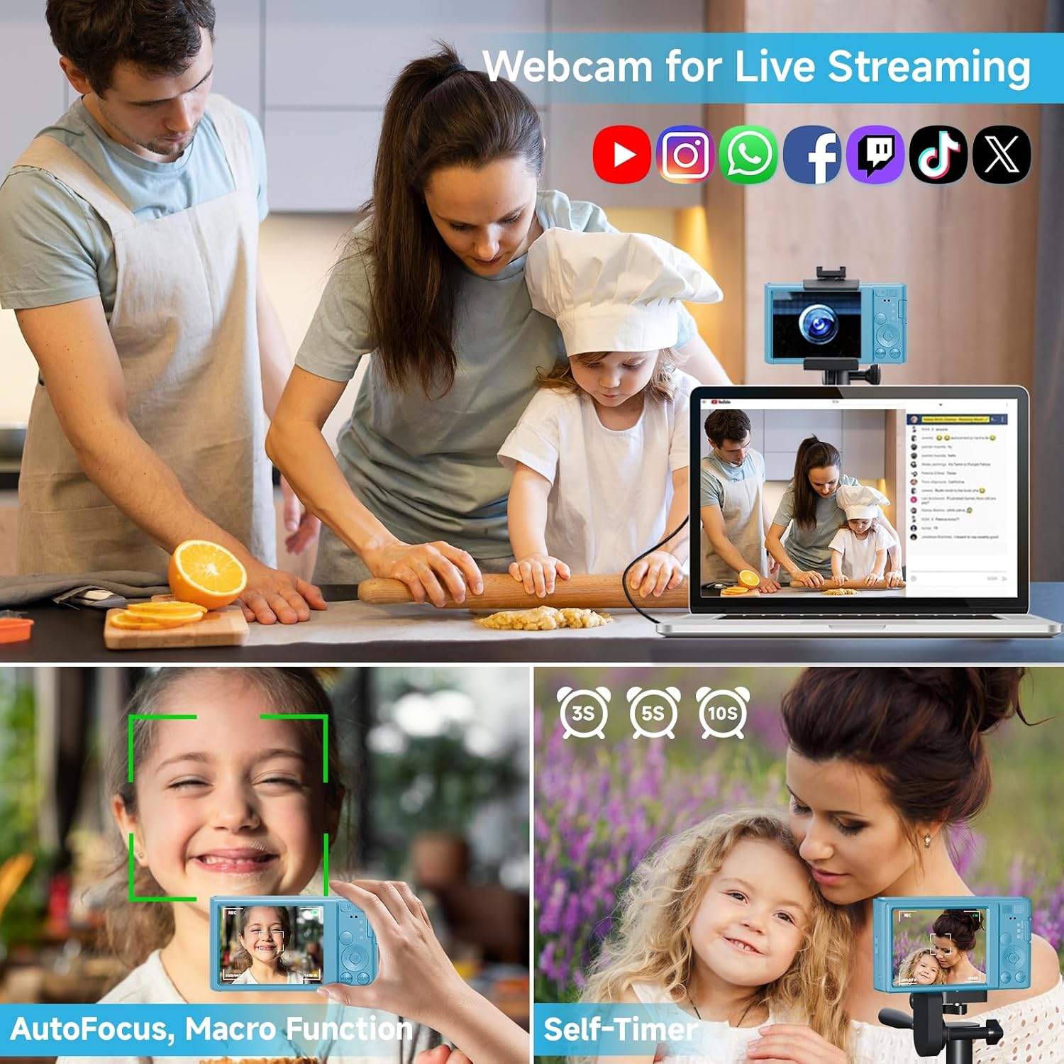 CÁMARA DIGITAL PARA ADOLESCENTES, FHD 4K 44MP CON TARJETA SD DE 64 GB, ZOOM DIGITAL 16X, CÁMARA COMPACTA DE DISPARO - 4