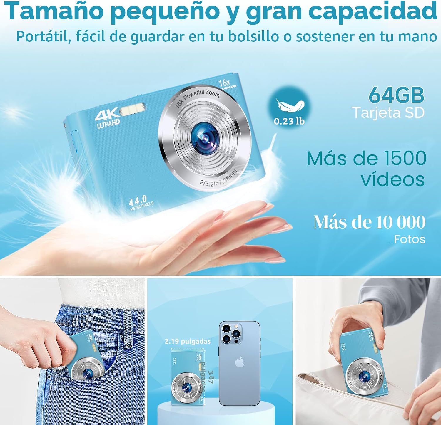 CÁMARA DIGITAL PARA ADOLESCENTES, FHD 4K 44MP CON TARJETA SD DE 64 GB, ZOOM DIGITAL 16X, CÁMARA COMPACTA DE DISPARO - 5