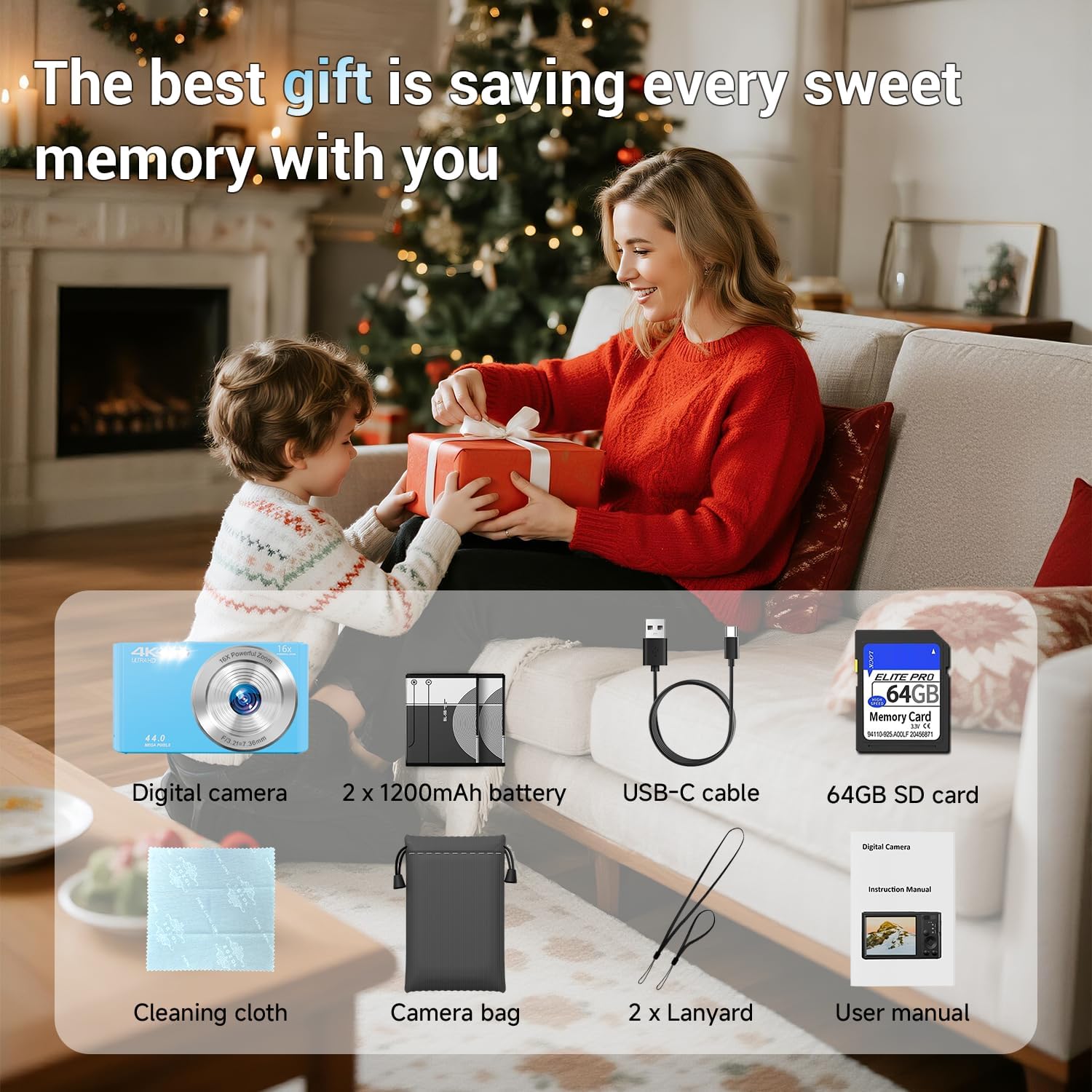 CÁMARA DIGITAL PARA ADOLESCENTES, FHD 4K 44MP CON TARJETA SD DE 64 GB, ZOOM DIGITAL 16X, CÁMARA COMPACTA DE DISPARO - 6