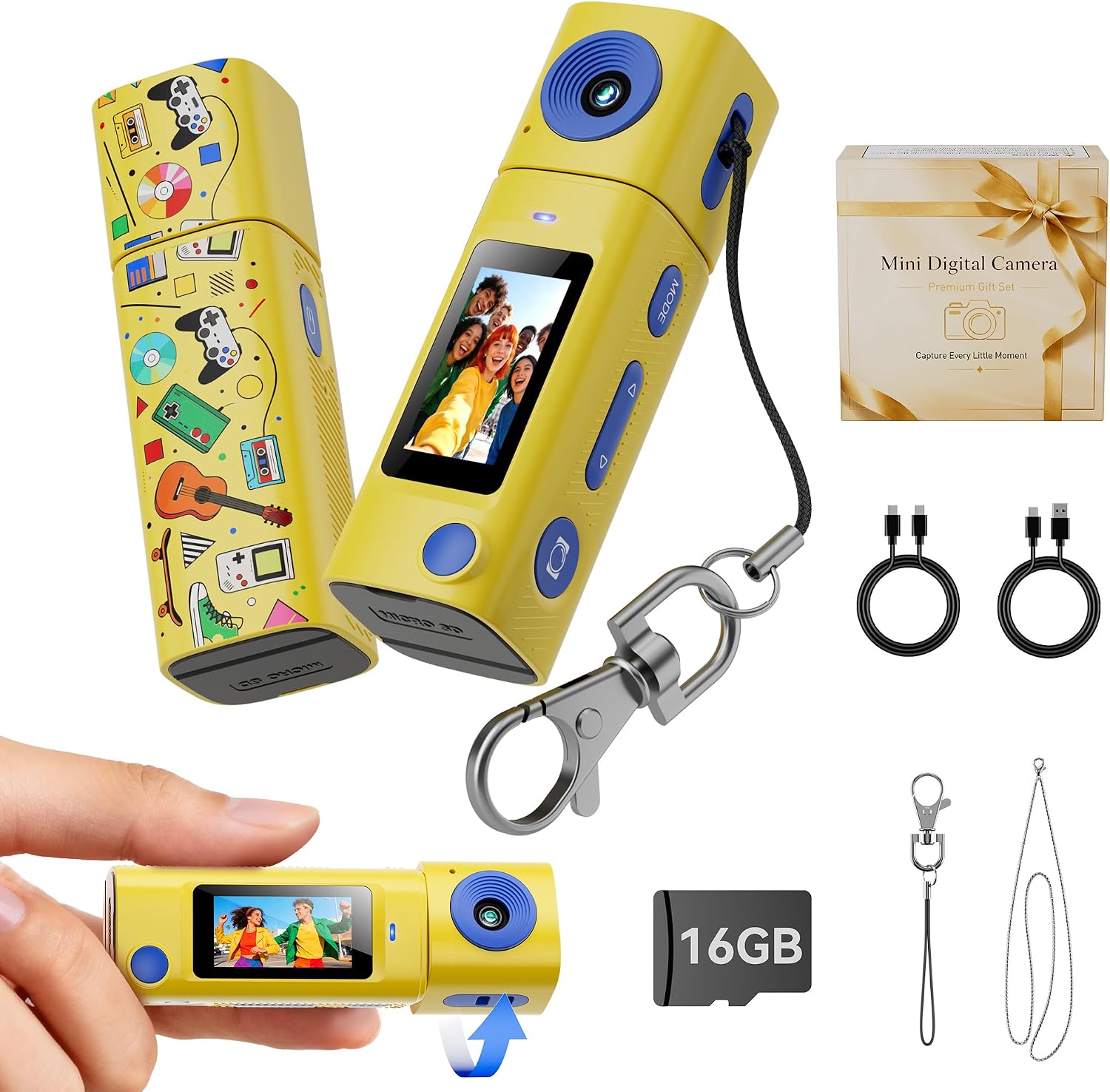 MINI CÁMARA DIGITAL CON LLAVERO: MINI CÁMARA DIGITAL 2K CON TARJETA DE 16 GB, CÁMARA DE VIDEO CON LLAVERO VINTAGE, PANTALLA - 1