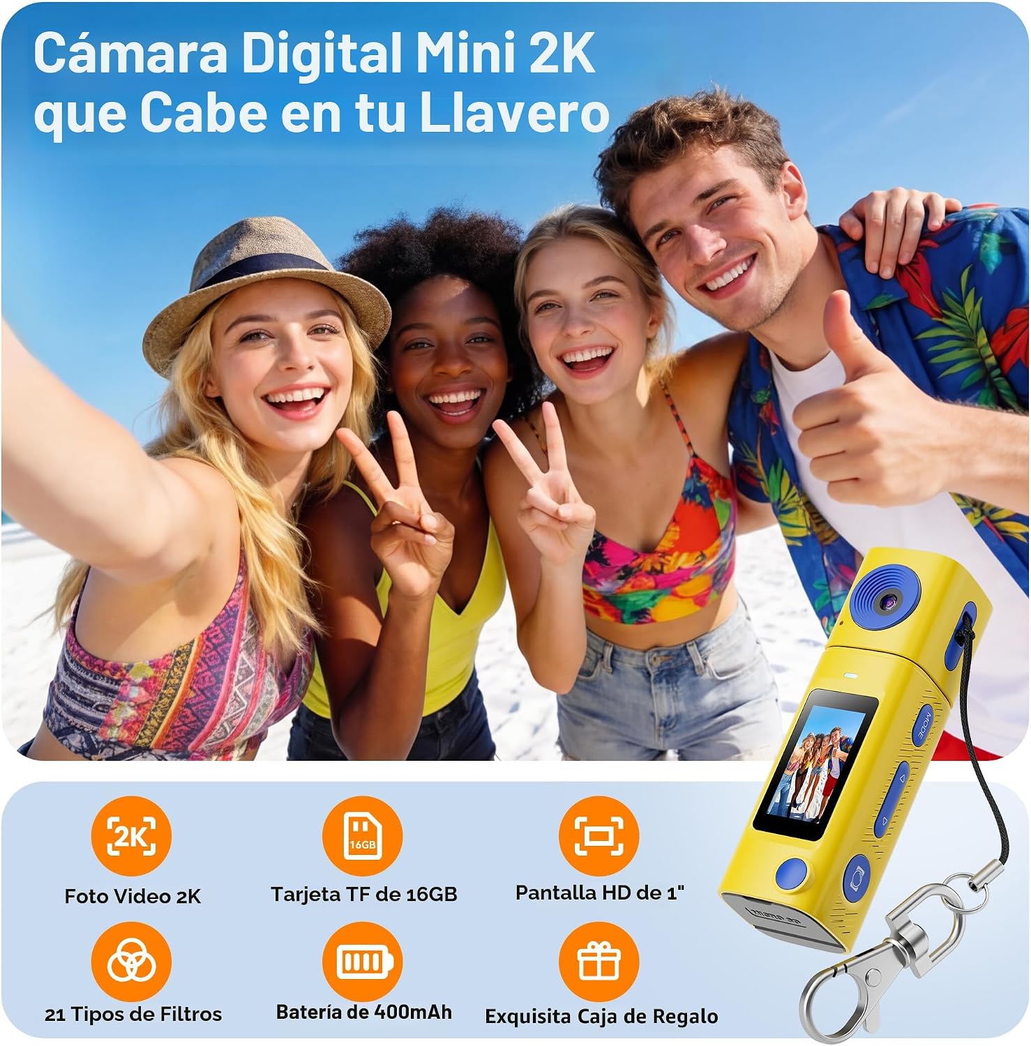 MINI CÁMARA DIGITAL CON LLAVERO: MINI CÁMARA DIGITAL 2K CON TARJETA DE 16 GB, CÁMARA DE VIDEO CON LLAVERO VINTAGE, PANTALLA - 2