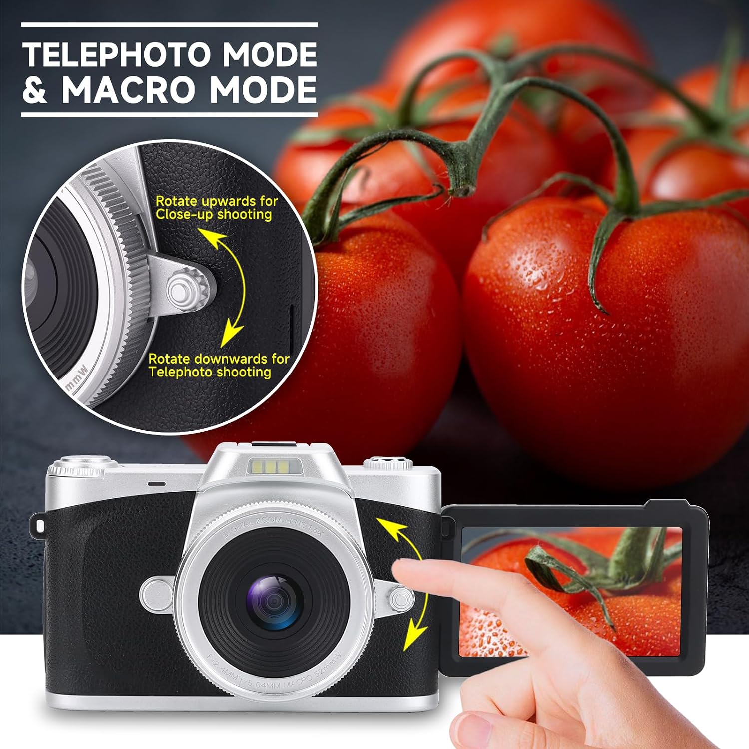 CÁMARA DIGITAL CON PANTALLA ABATIBLE DE 3 PULGADAS, ZOOM DIGITAL DE 16X, CÁMARA COMPACTA DE PUNTO Y DISPARO PARA NIÑOS, - 5