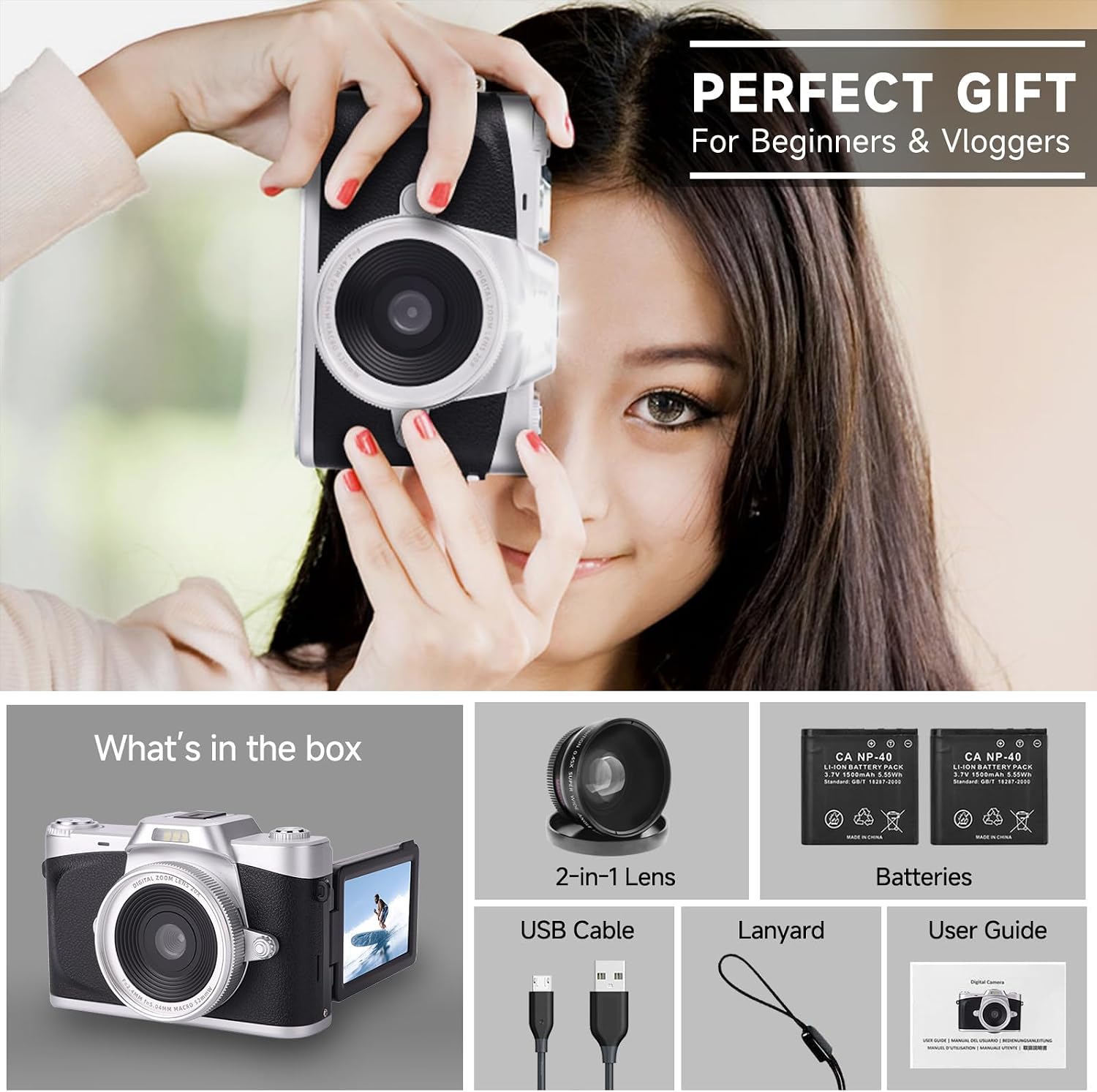 CÁMARA DIGITAL CON PANTALLA ABATIBLE DE 3 PULGADAS, ZOOM DIGITAL DE 16X, CÁMARA COMPACTA DE PUNTO Y DISPARO PARA NIÑOS, - 6