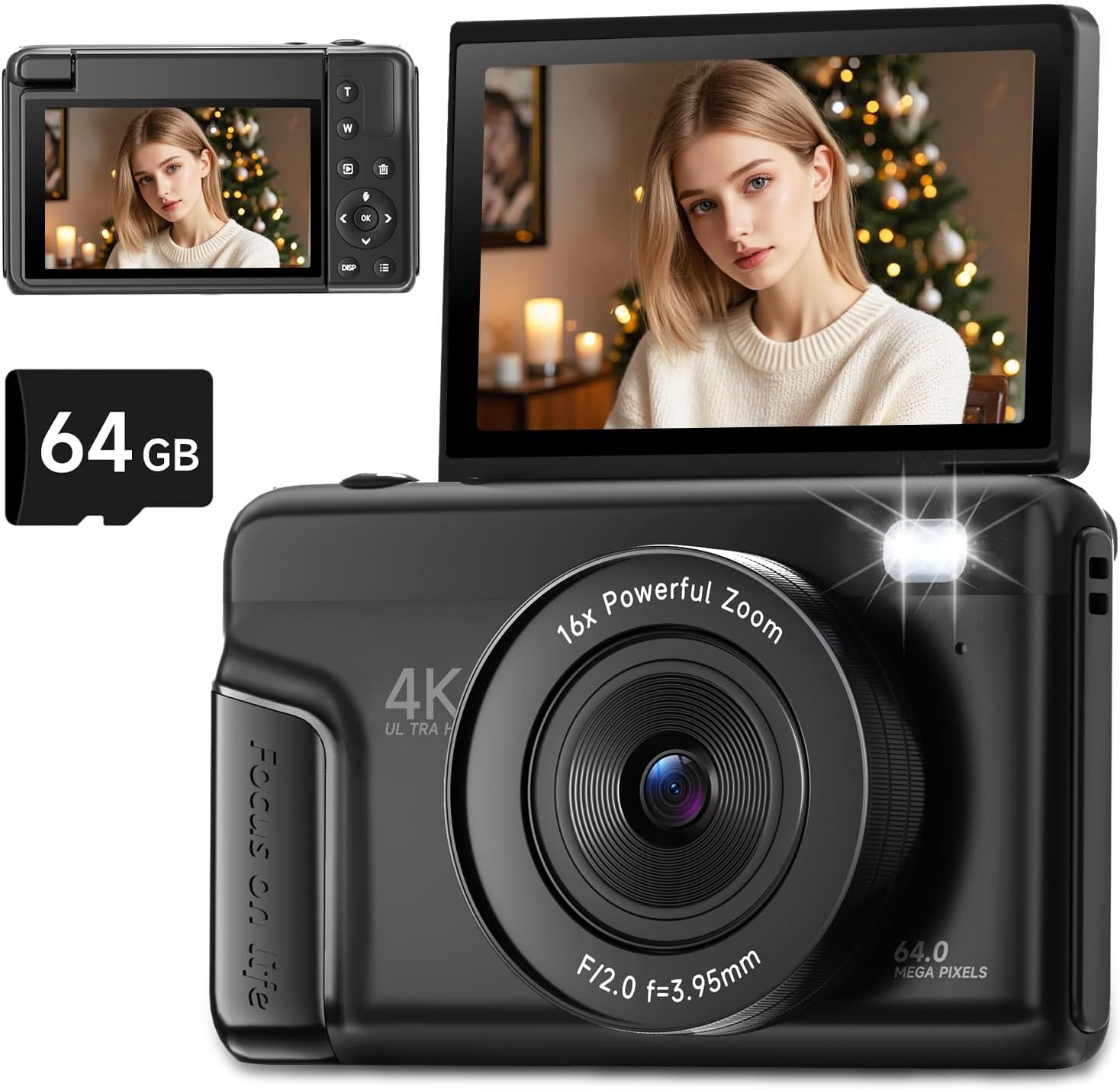 CÁMARA DIGITAL 4K PARA FOTOGRAFÍA Y VIDEOBLOGS DE 64 MEGAPÍXELES PARA YOUTUBE CON PANTALLA GIRATORIA DE 3 180 , CÁMARA - 1