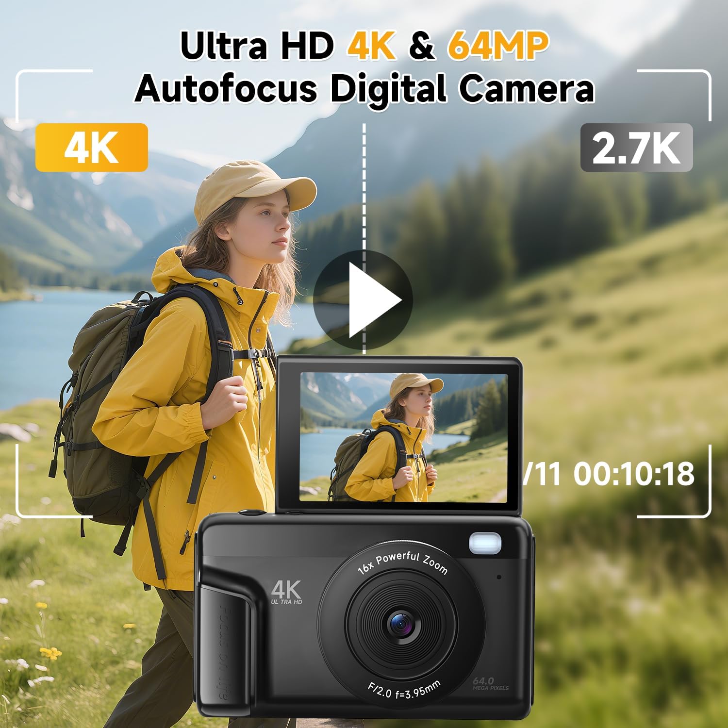CÁMARA DIGITAL 4K PARA FOTOGRAFÍA Y VIDEOBLOGS DE 64 MEGAPÍXELES PARA YOUTUBE CON PANTALLA GIRATORIA DE 3 180 , CÁMARA - 2