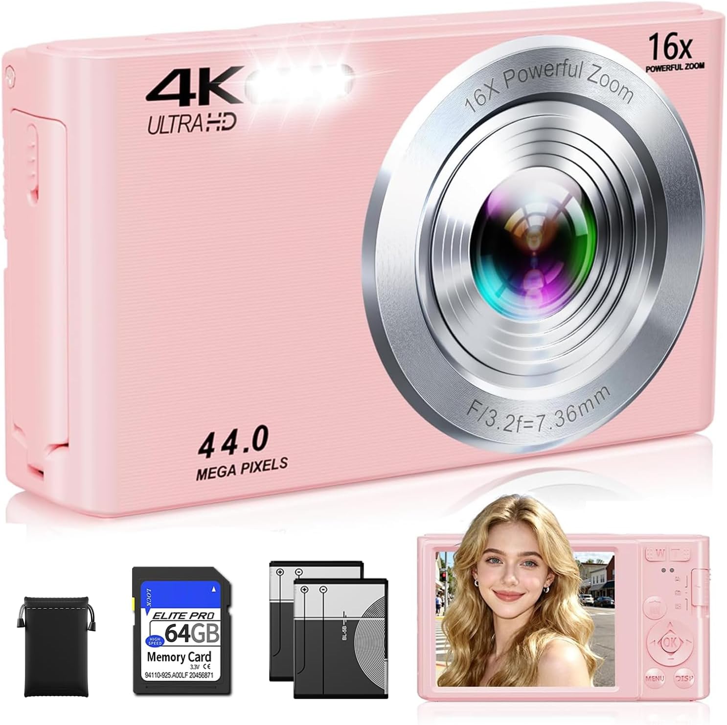 CÁMARA DIGITAL, CÁMARA DIGITAL FHD 4K ROSA MEJORADA PARA ADOLESCENTES Y NIÑAS, CÁMARAS DIGITALES COMPACTAS CON TARJETA - 1