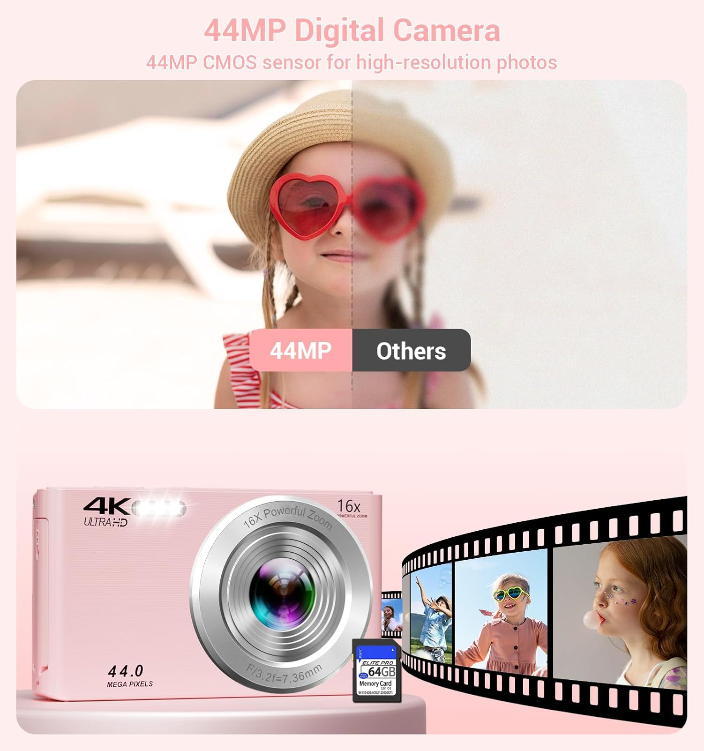 CÁMARA DIGITAL, CÁMARA DIGITAL FHD 4K ROSA MEJORADA PARA ADOLESCENTES Y NIÑAS, CÁMARAS DIGITALES COMPACTAS CON TARJETA - 3