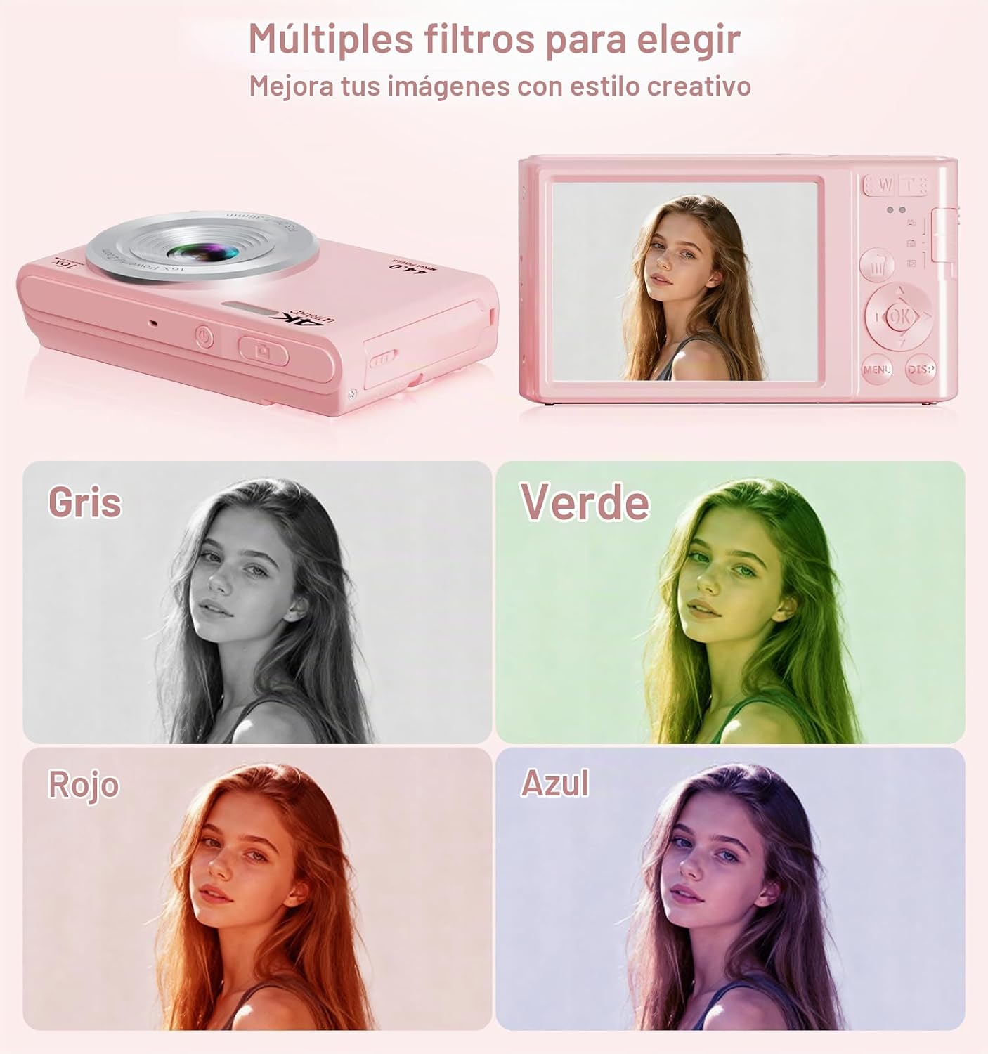 CÁMARA DIGITAL, CÁMARA DIGITAL FHD 4K ROSA MEJORADA PARA ADOLESCENTES Y NIÑAS, CÁMARAS DIGITALES COMPACTAS CON TARJETA - 4