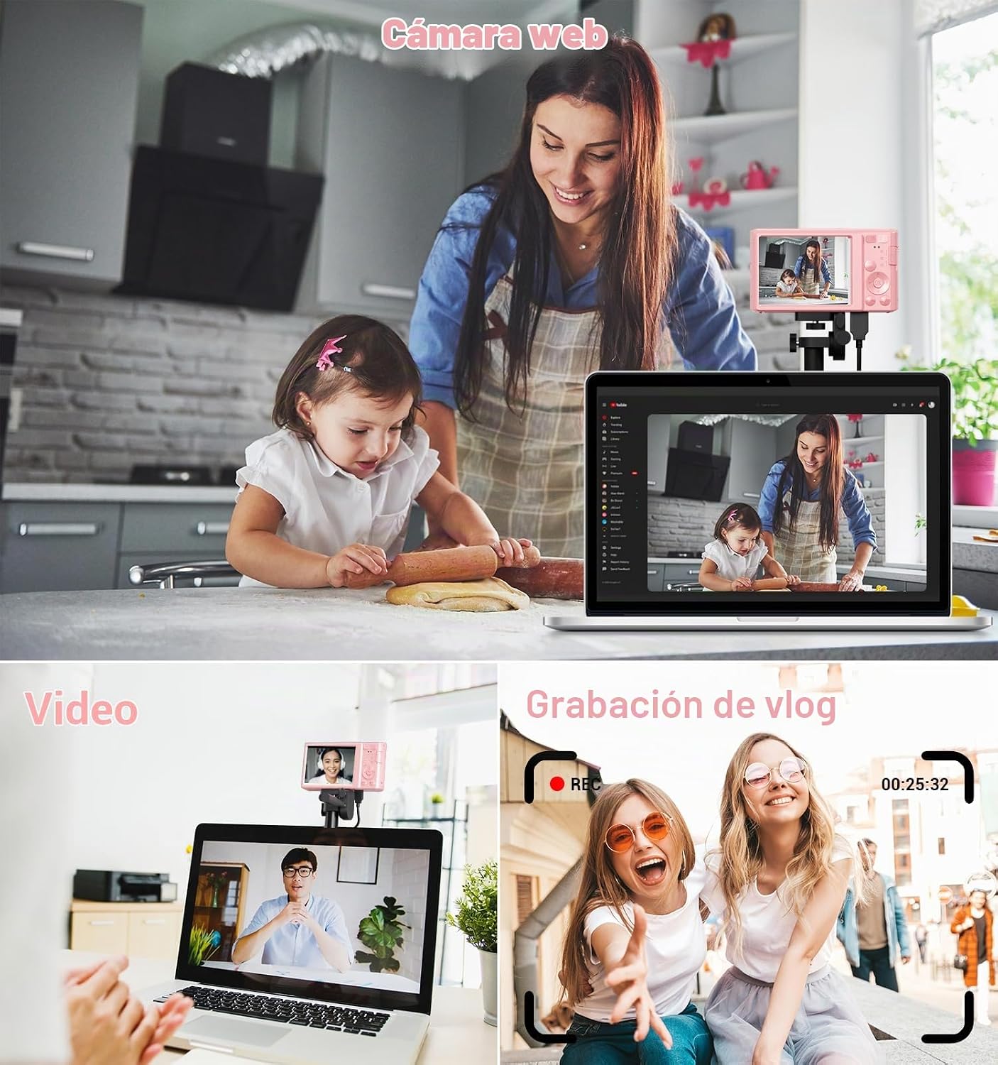 CÁMARA DIGITAL, CÁMARA DIGITAL FHD 4K ROSA MEJORADA PARA ADOLESCENTES Y NIÑAS, CÁMARAS DIGITALES COMPACTAS CON TARJETA - 7