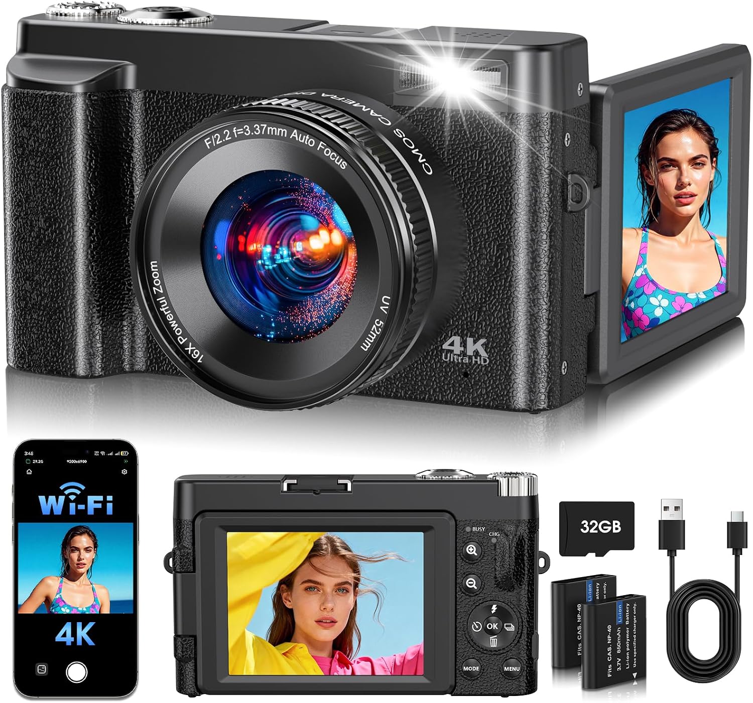 CÁMARA DIGITAL 4K MEJORADA 2026 DE 64 MP WIFI CON PANTALLA ABATIBLE DE 180 - 1