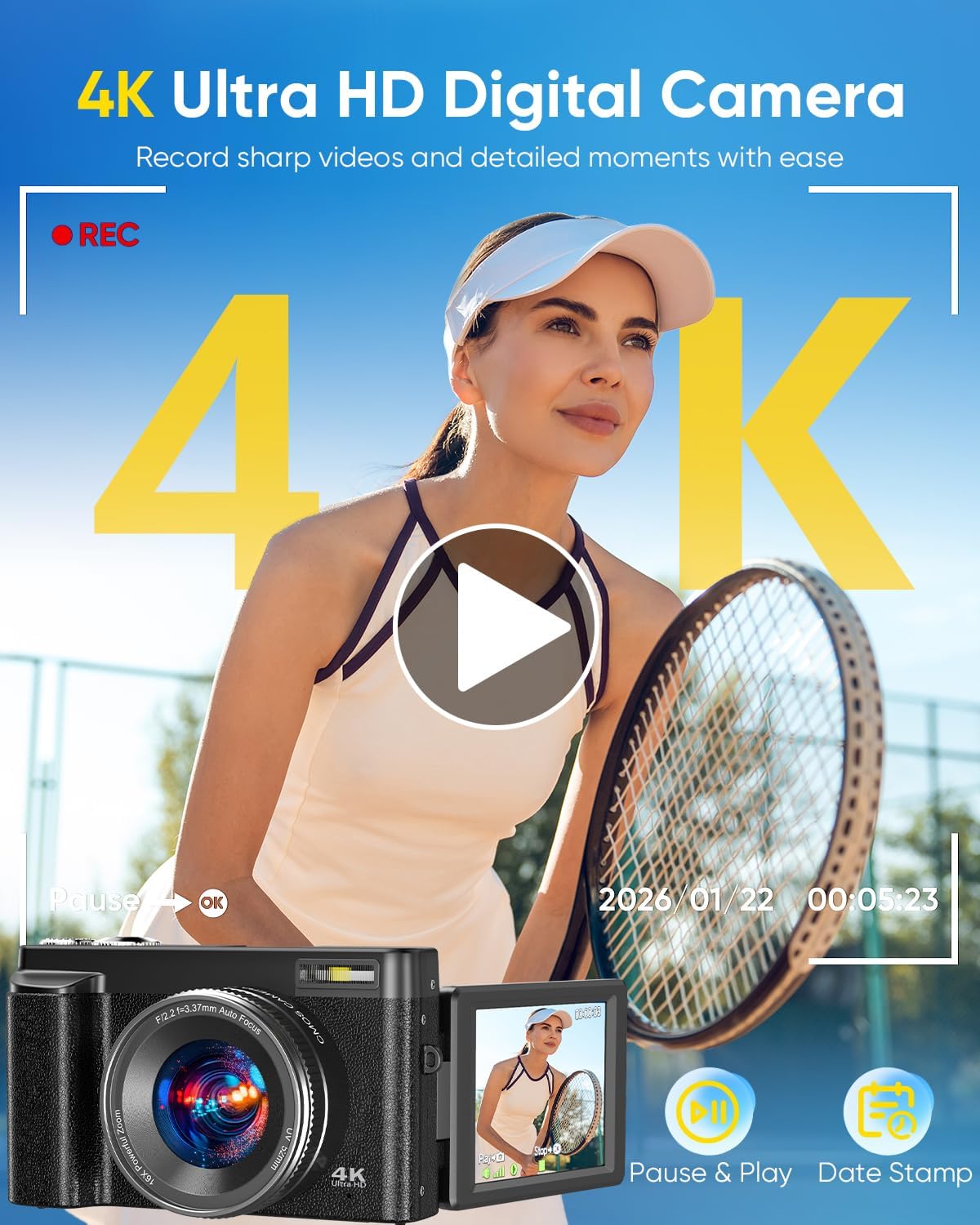 CÁMARA DIGITAL 4K MEJORADA 2026 DE 64 MP WIFI CON PANTALLA ABATIBLE DE 180 - 2