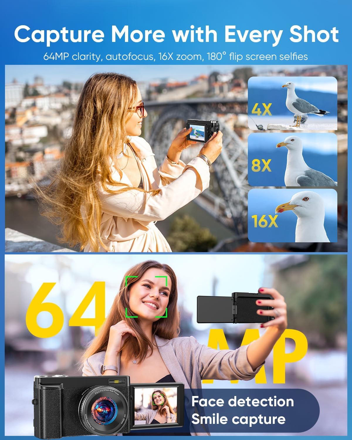 CÁMARA DIGITAL 4K MEJORADA 2026 DE 64 MP WIFI CON PANTALLA ABATIBLE DE 180 - 3