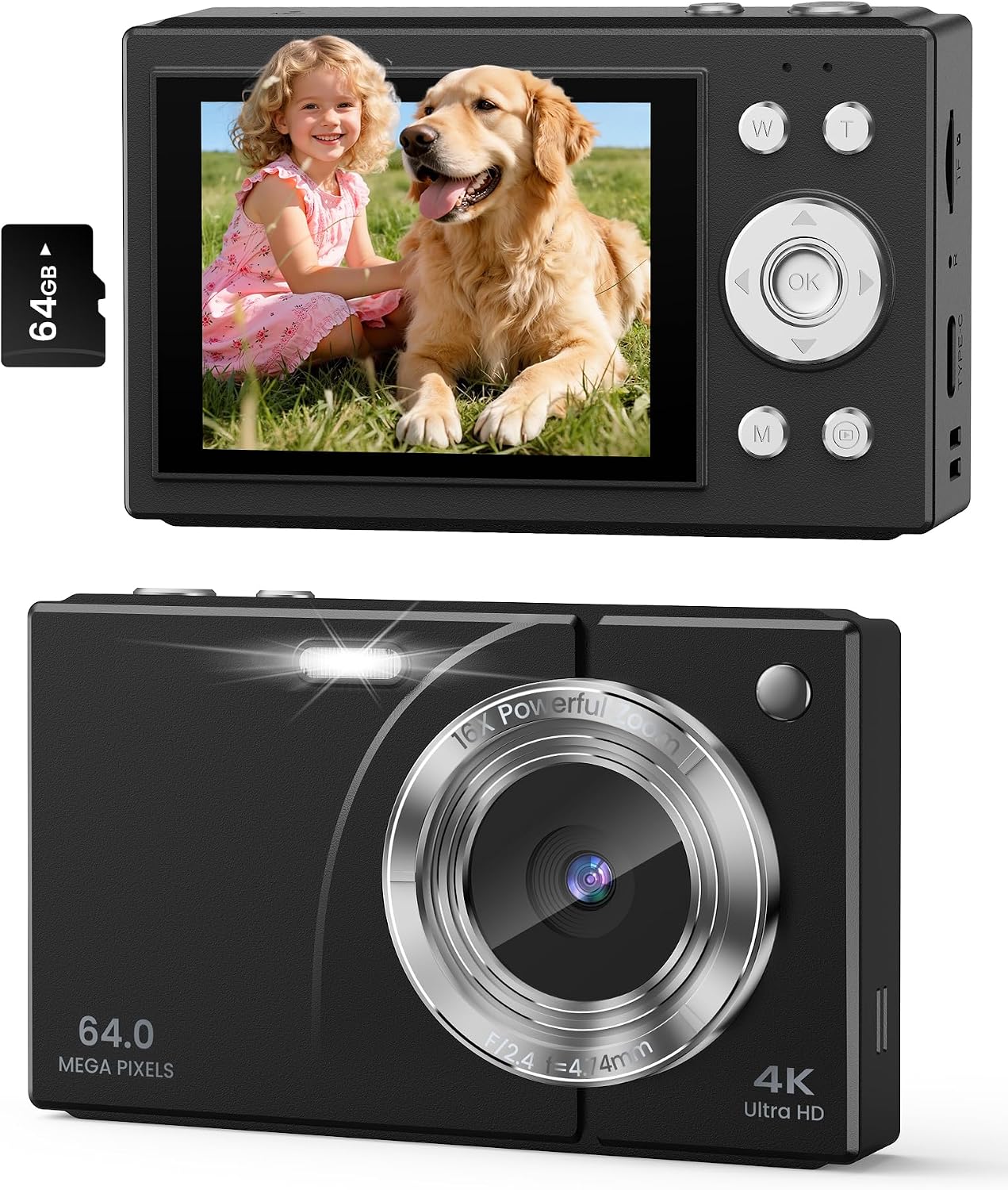CÁMARA DIGITAL 4K PARA NIÑOS, ADOLESCENTES Y PRINCIPIANTES, CÁMARA DE APUNTAR Y DISPARAR DE 64 MP CON TARJETA SD DE 64 GB, - 1