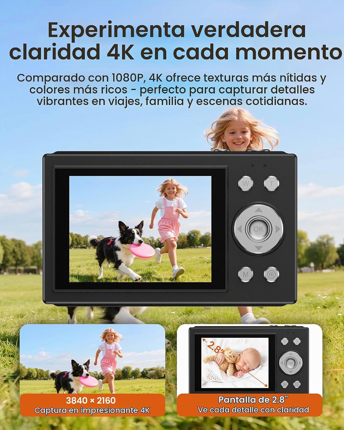 CÁMARA DIGITAL 4K PARA NIÑOS, ADOLESCENTES Y PRINCIPIANTES, CÁMARA DE APUNTAR Y DISPARAR DE 64 MP CON TARJETA SD DE 64 GB, - 2