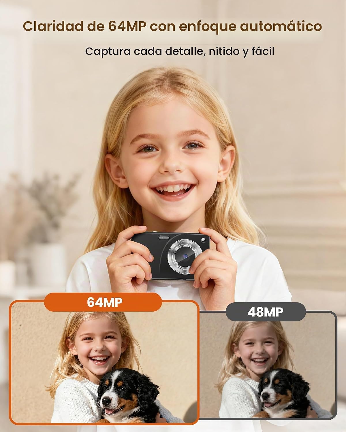 CÁMARA DIGITAL 4K PARA NIÑOS, ADOLESCENTES Y PRINCIPIANTES, CÁMARA DE APUNTAR Y DISPARAR DE 64 MP CON TARJETA SD DE 64 GB, - 3