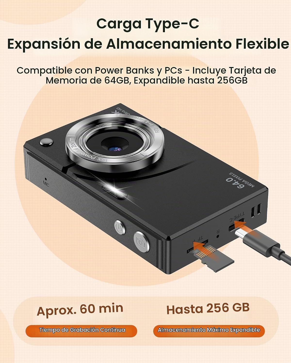 CÁMARA DIGITAL 4K PARA NIÑOS, ADOLESCENTES Y PRINCIPIANTES, CÁMARA DE APUNTAR Y DISPARAR DE 64 MP CON TARJETA SD DE 64 GB, - 5