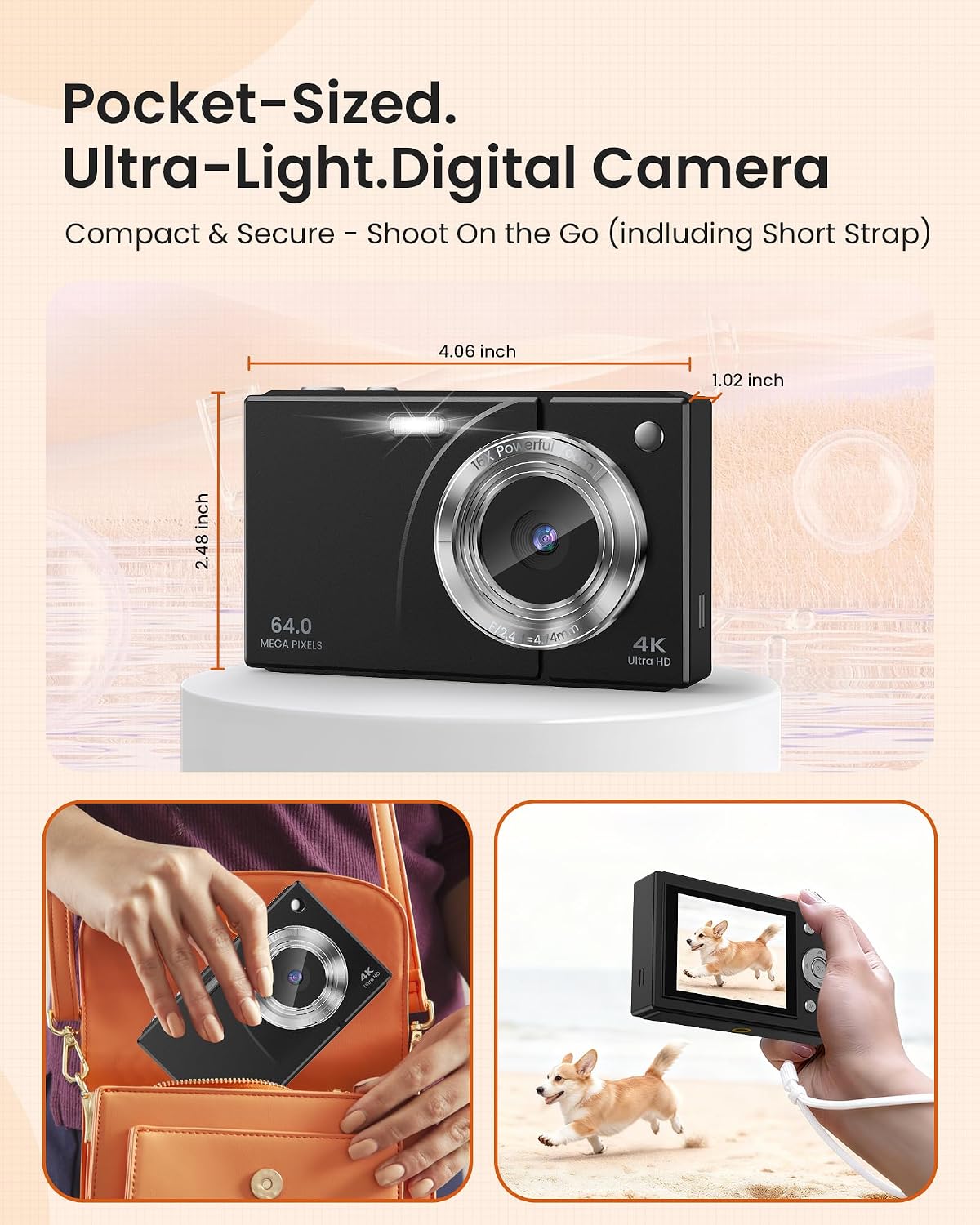 CÁMARA DIGITAL 4K PARA NIÑOS, ADOLESCENTES Y PRINCIPIANTES, CÁMARA DE APUNTAR Y DISPARAR DE 64 MP CON TARJETA SD DE 64 GB, - 6