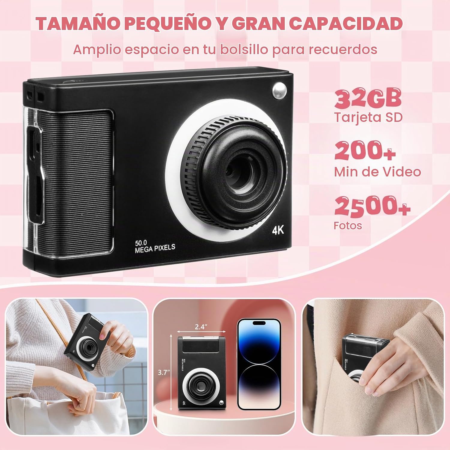 CÁMARA DIGITAL, CÁMARA FHD 1080P PARA NIÑOS CON TARJETA DE 32 GB, CÁMARA DIGITAL DE 48 MP CON ZOOM 8X PARA APUNTAR - 6