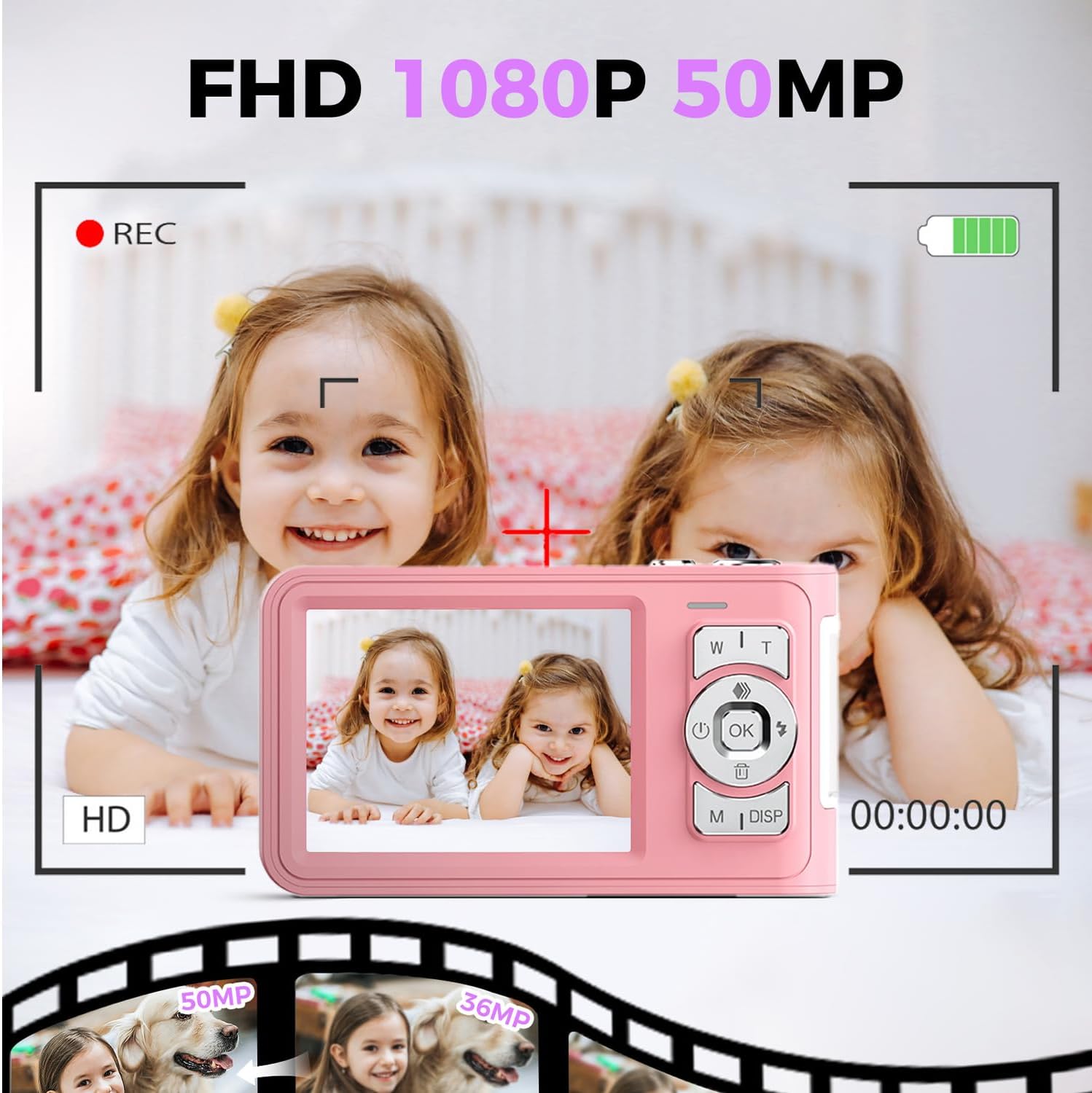 CÁMARA DIGITAL, CÁMARA DIGITAL ROSA PARA ADOLESCENTES, CÁMARA COMPACTA DE 50 MP FHD 1080P CON TARJETA TF, ZOOM 16X - 3