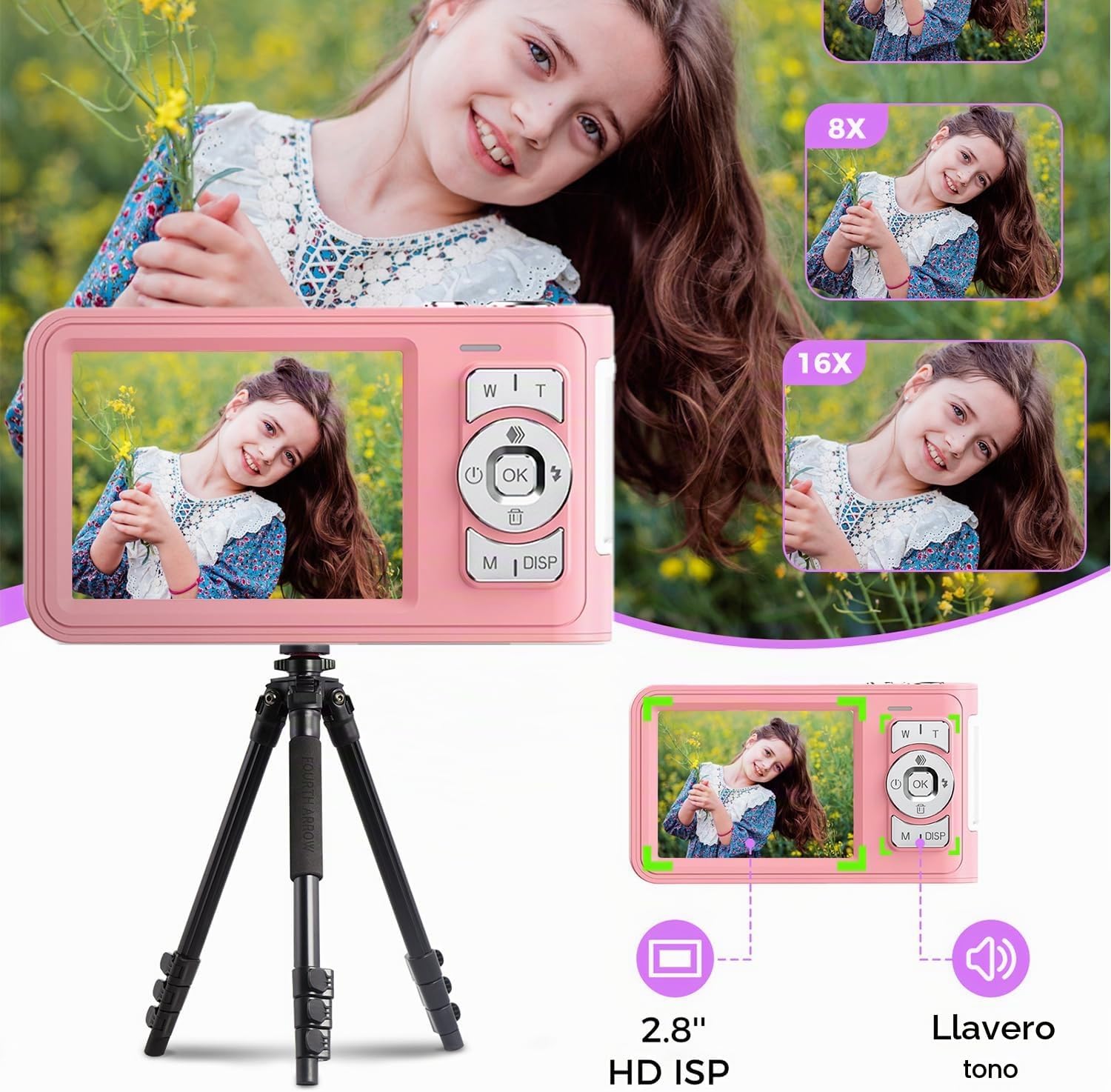 CÁMARA DIGITAL, CÁMARA DIGITAL ROSA PARA ADOLESCENTES, CÁMARA COMPACTA DE 50 MP FHD 1080P CON TARJETA TF, ZOOM 16X - 4