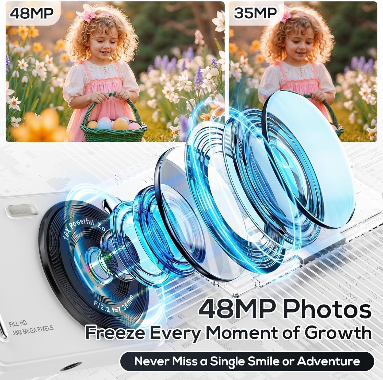 CÁMARA DIGITAL PARA NIÑOS, CÁMARAS DIGITALES DE 48 MP FHD 1080P PARA APUNTAR Y DISPARAR CON ZOOM DE 16X, CÁMARAS PORTÁTILES - 2