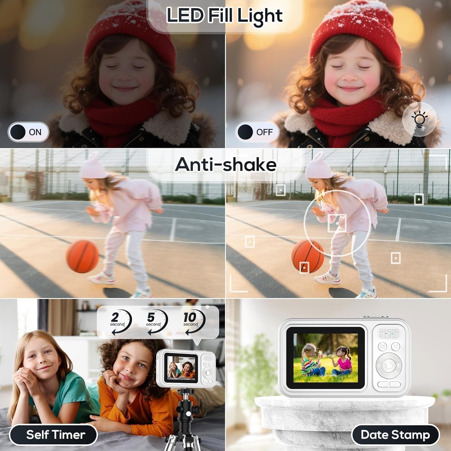 CÁMARA DIGITAL PARA NIÑOS, CÁMARAS DIGITALES DE 48 MP FHD 1080P PARA APUNTAR Y DISPARAR CON ZOOM DE 16X, CÁMARAS PORTÁTILES - 6
