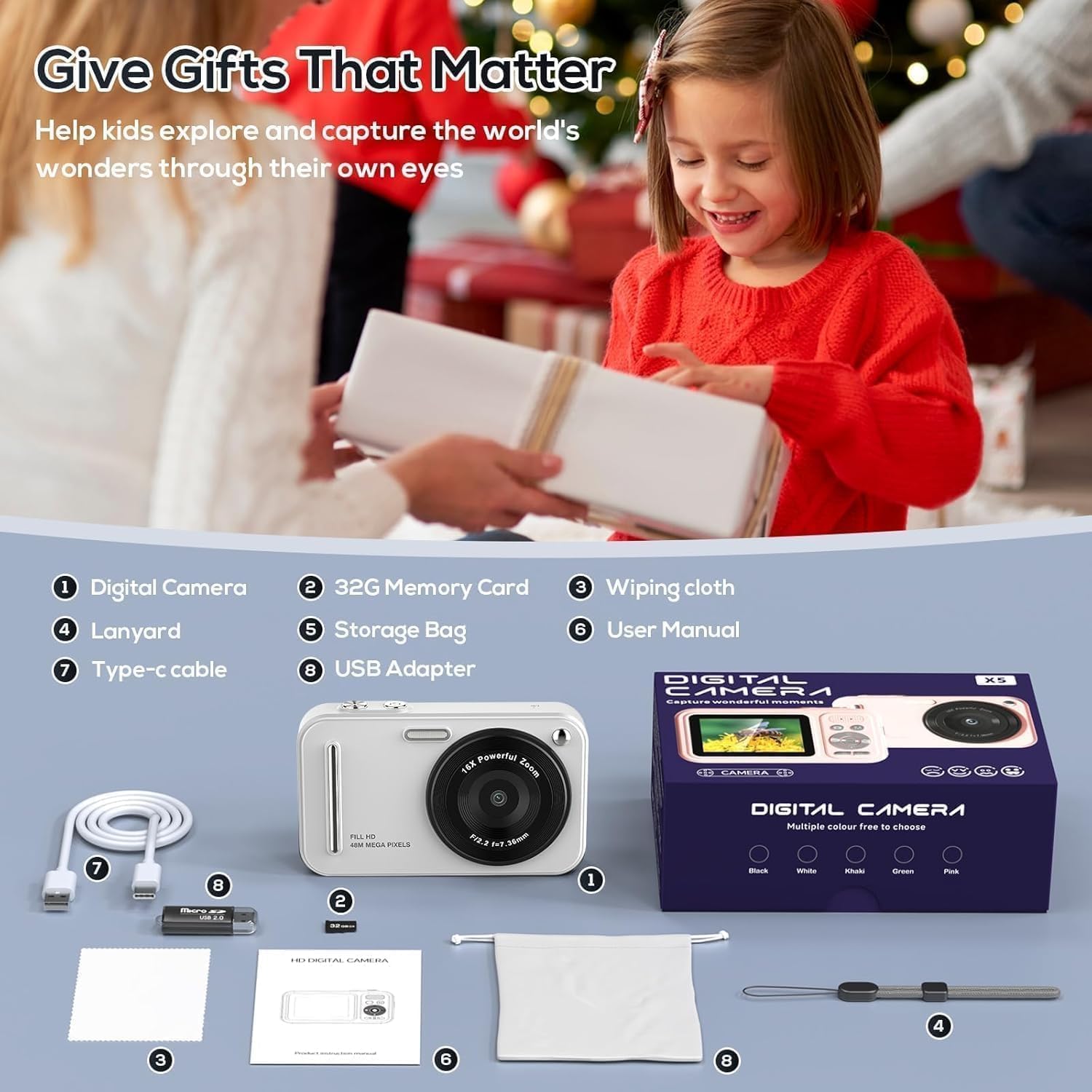 CÁMARA DIGITAL PARA NIÑOS, CÁMARAS DIGITALES DE 48 MP FHD 1080P PARA APUNTAR Y DISPARAR CON ZOOM DE 16X, CÁMARAS PORTÁTILES - 7