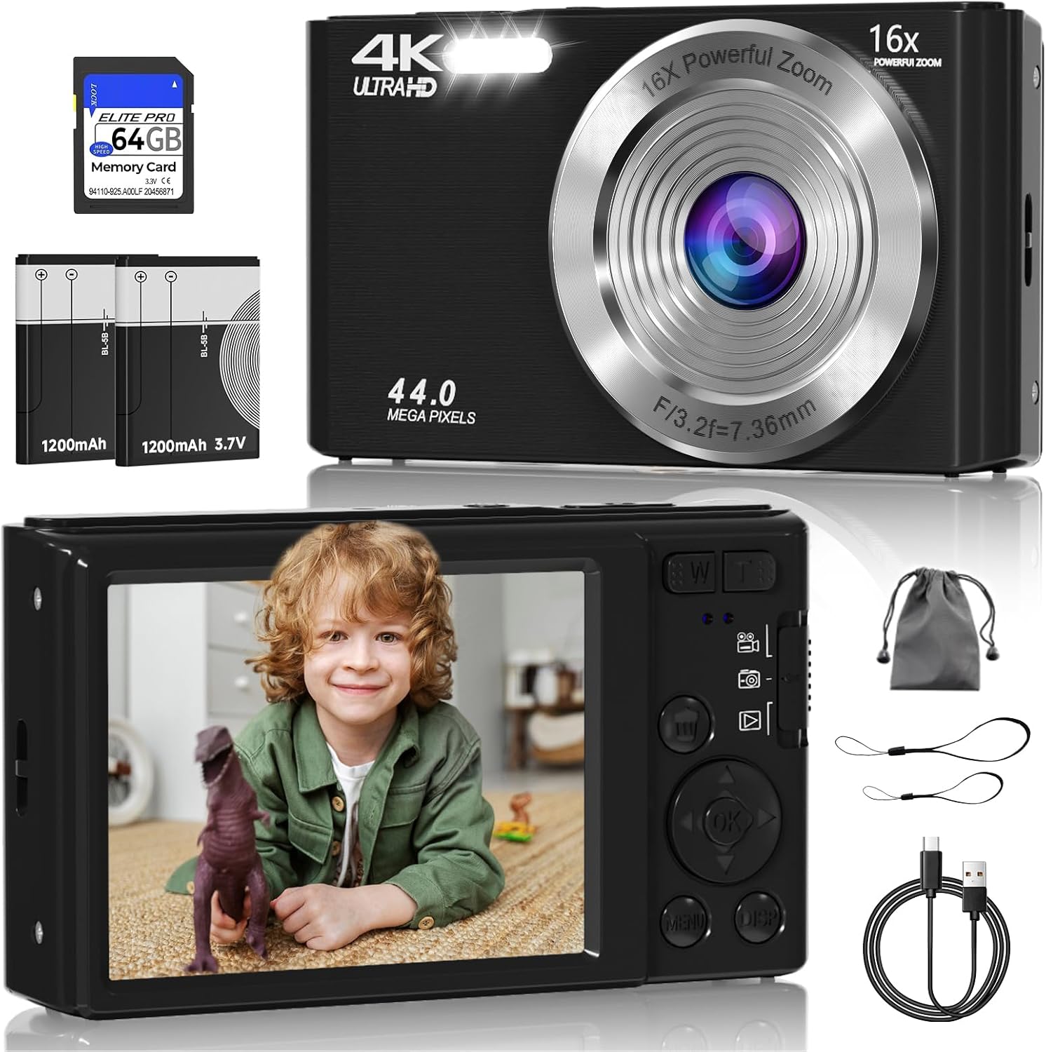 CÁMARA DIGITAL, CÁMARA DIGITAL FHD 4K DE 44 MP, ZOOM DIGITAL 16X, CÁMARA DIGITAL DE PUNTO Y DISPARO CON 3 LUCES DE LLENADO - 1
