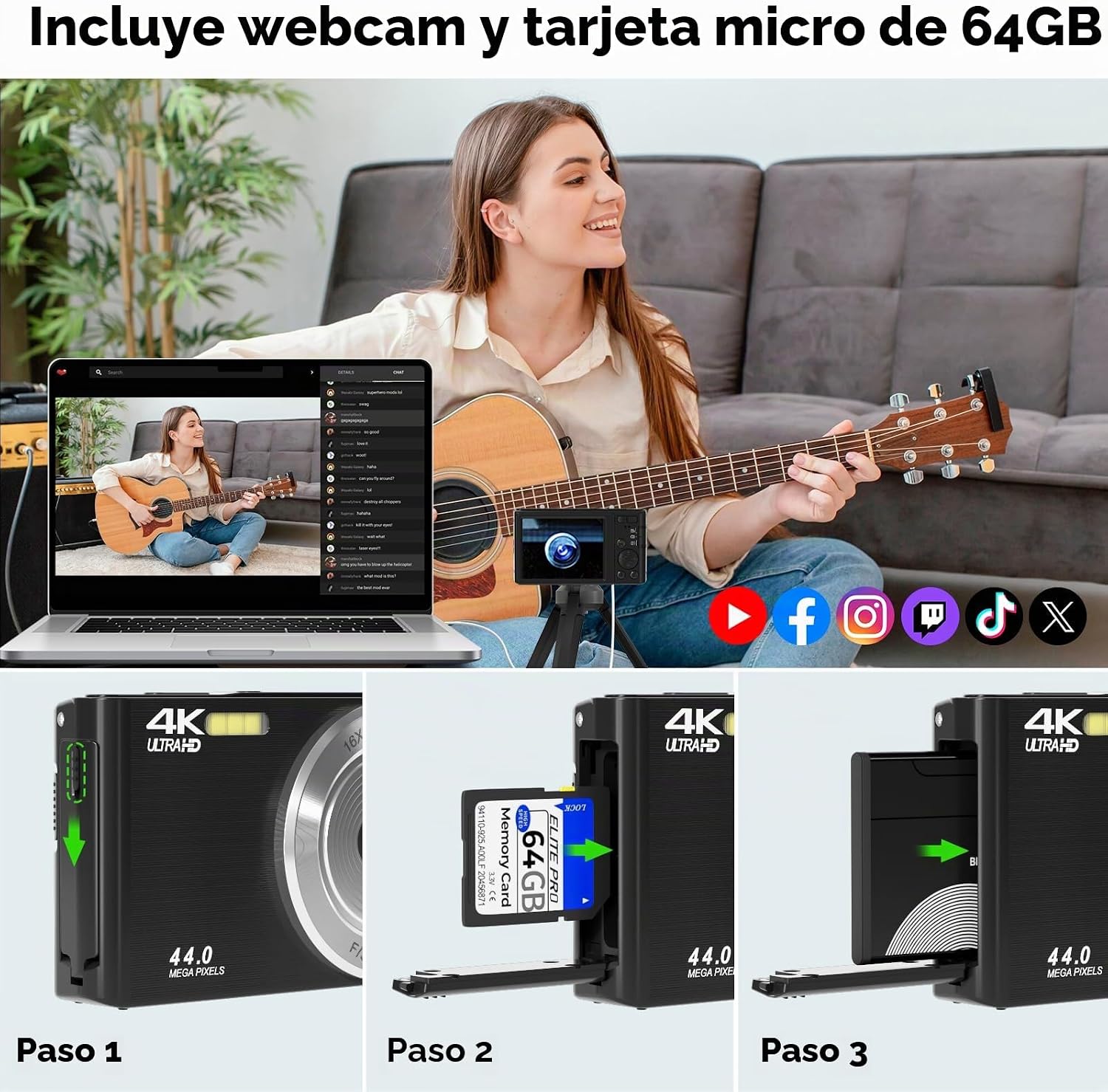 CÁMARA DIGITAL, CÁMARA DIGITAL FHD 4K DE 44 MP, ZOOM DIGITAL 16X, CÁMARA DIGITAL DE PUNTO Y DISPARO CON 3 LUCES DE LLENADO - 7