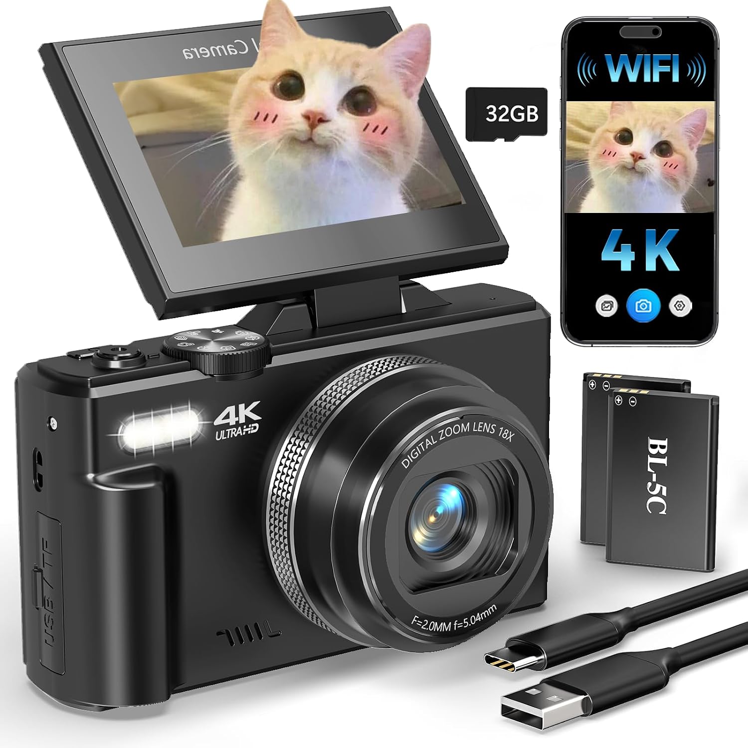 CÁMARA DIGITAL 4K PARA PRINCIPIANTES Y ADOLESCENTES, CÁMARA DE ENFOQUE AUTOMÁTICO PARA VLOGGING CON PANTALLA ABATIBLE DE 180 - 1