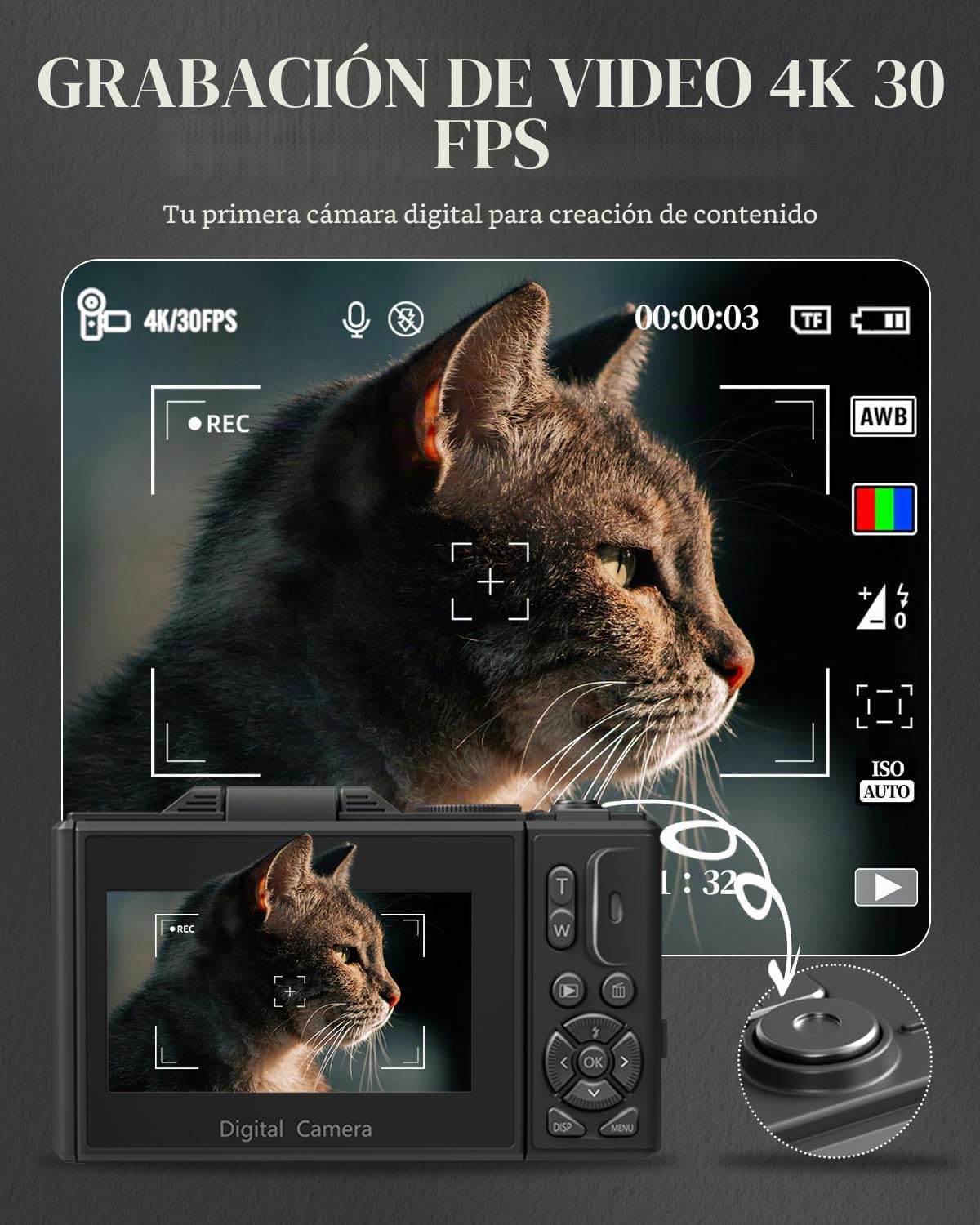 CÁMARA DIGITAL 4K PARA PRINCIPIANTES Y ADOLESCENTES, CÁMARA DE ENFOQUE AUTOMÁTICO PARA VLOGGING CON PANTALLA ABATIBLE DE 180 - 2
