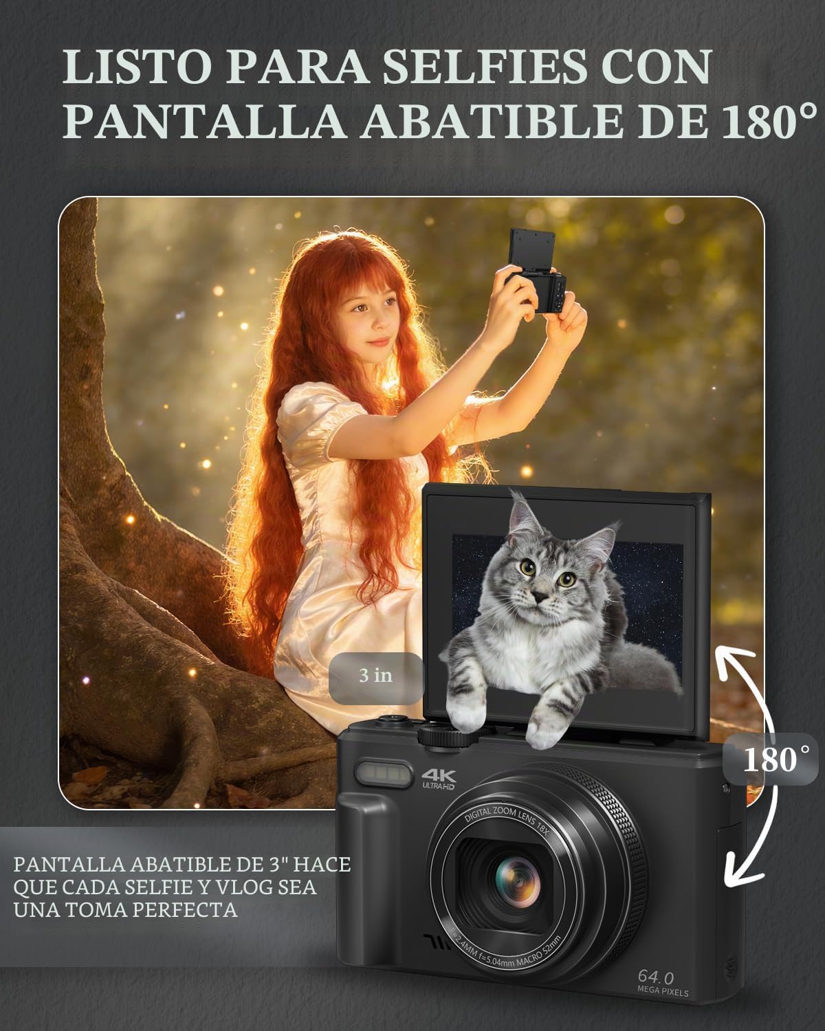 CÁMARA DIGITAL 4K PARA PRINCIPIANTES Y ADOLESCENTES, CÁMARA DE ENFOQUE AUTOMÁTICO PARA VLOGGING CON PANTALLA ABATIBLE DE 180 - 5
