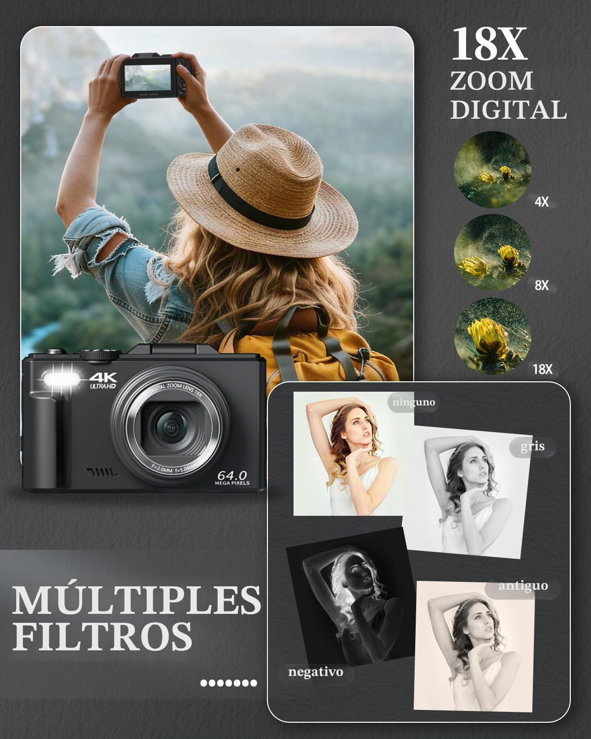 CÁMARA DIGITAL 4K PARA PRINCIPIANTES Y ADOLESCENTES, CÁMARA DE ENFOQUE AUTOMÁTICO PARA VLOGGING CON PANTALLA ABATIBLE DE 180 - 6
