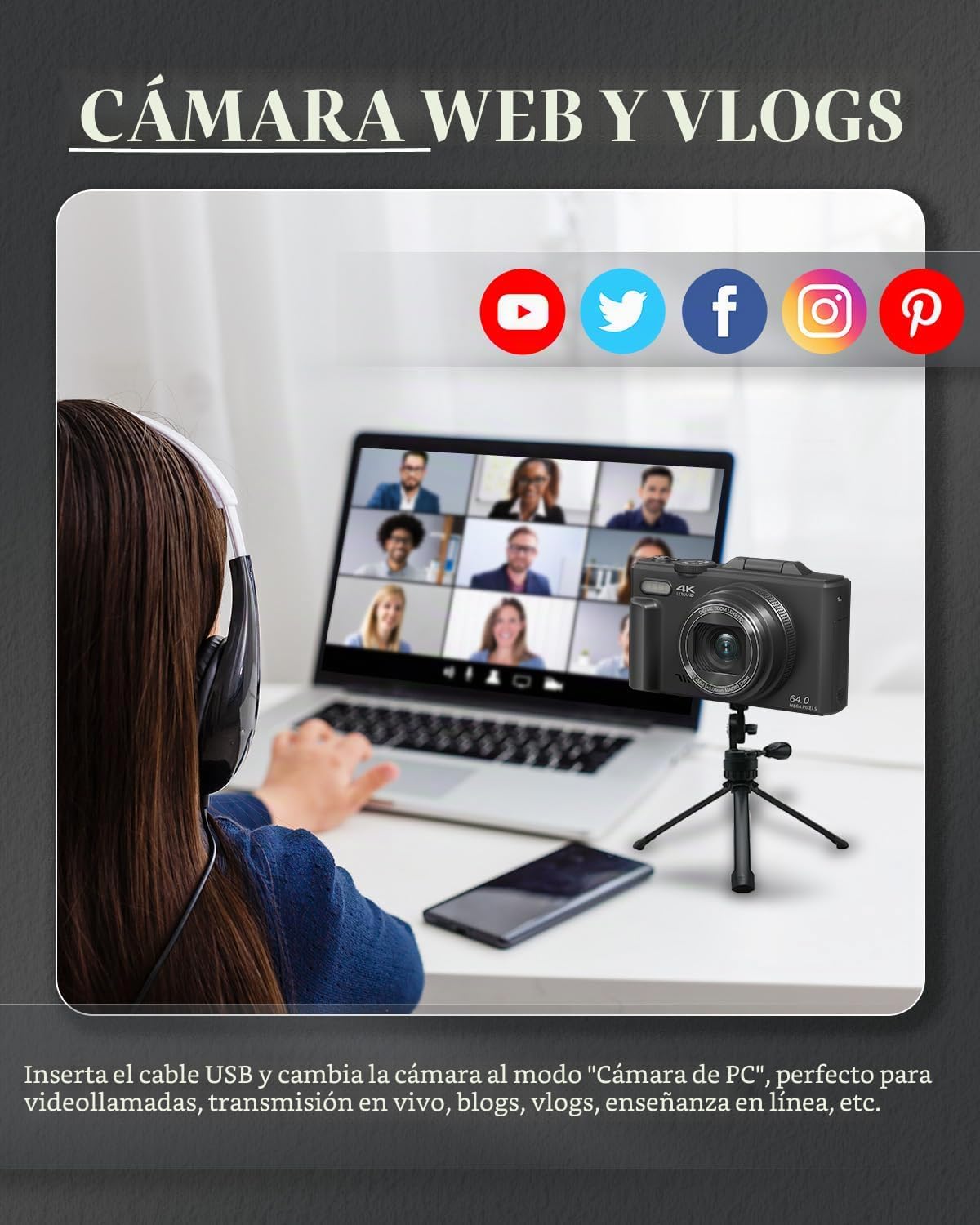 CÁMARA DIGITAL 4K PARA PRINCIPIANTES Y ADOLESCENTES, CÁMARA DE ENFOQUE AUTOMÁTICO PARA VLOGGING CON PANTALLA ABATIBLE DE 180 - 7