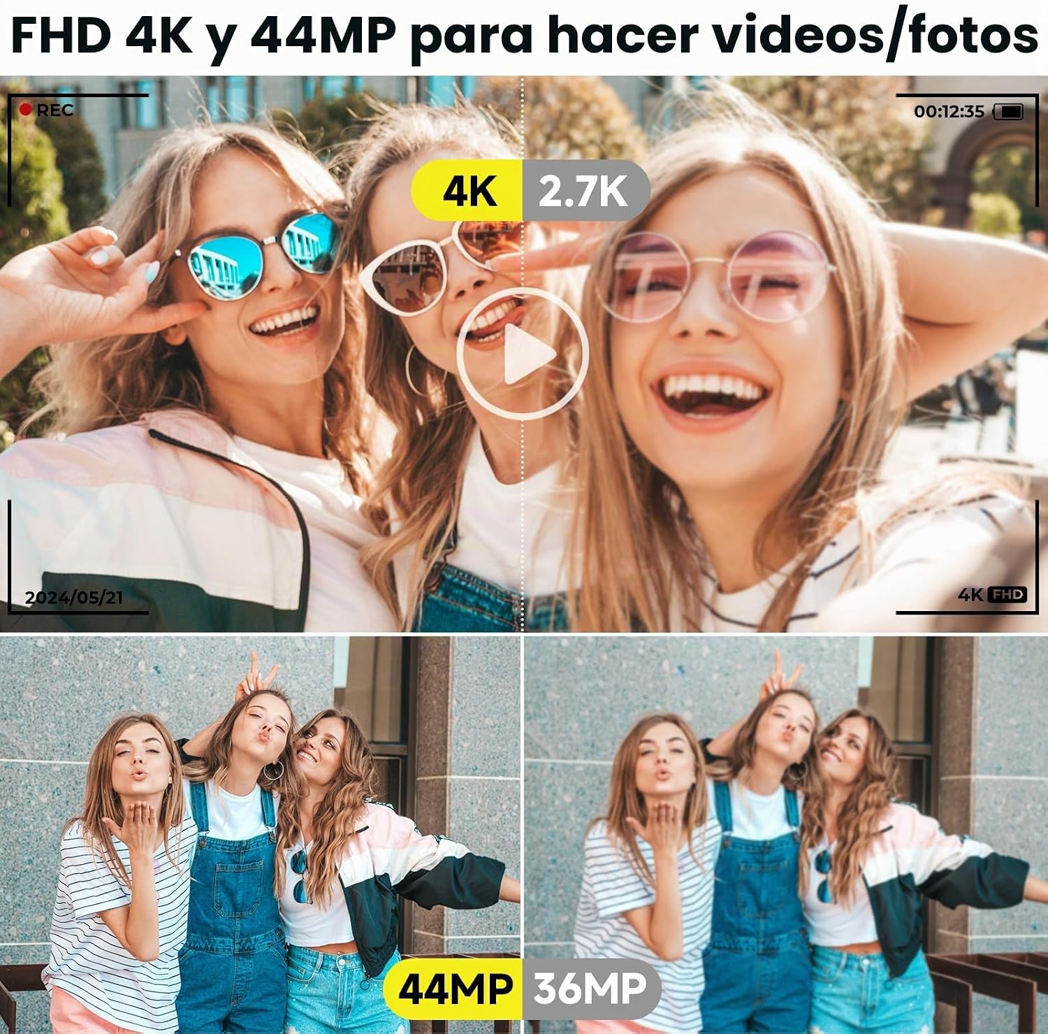 CÁMARA DIGITAL, FHD 4K 44MP CÁMARA DIGITAL PARA FOTOGRAFÍA, ZOOM DIGITAL 16X, CÁMARA DIGITAL DE PUNTO Y DISPARO CON LUCES - 2