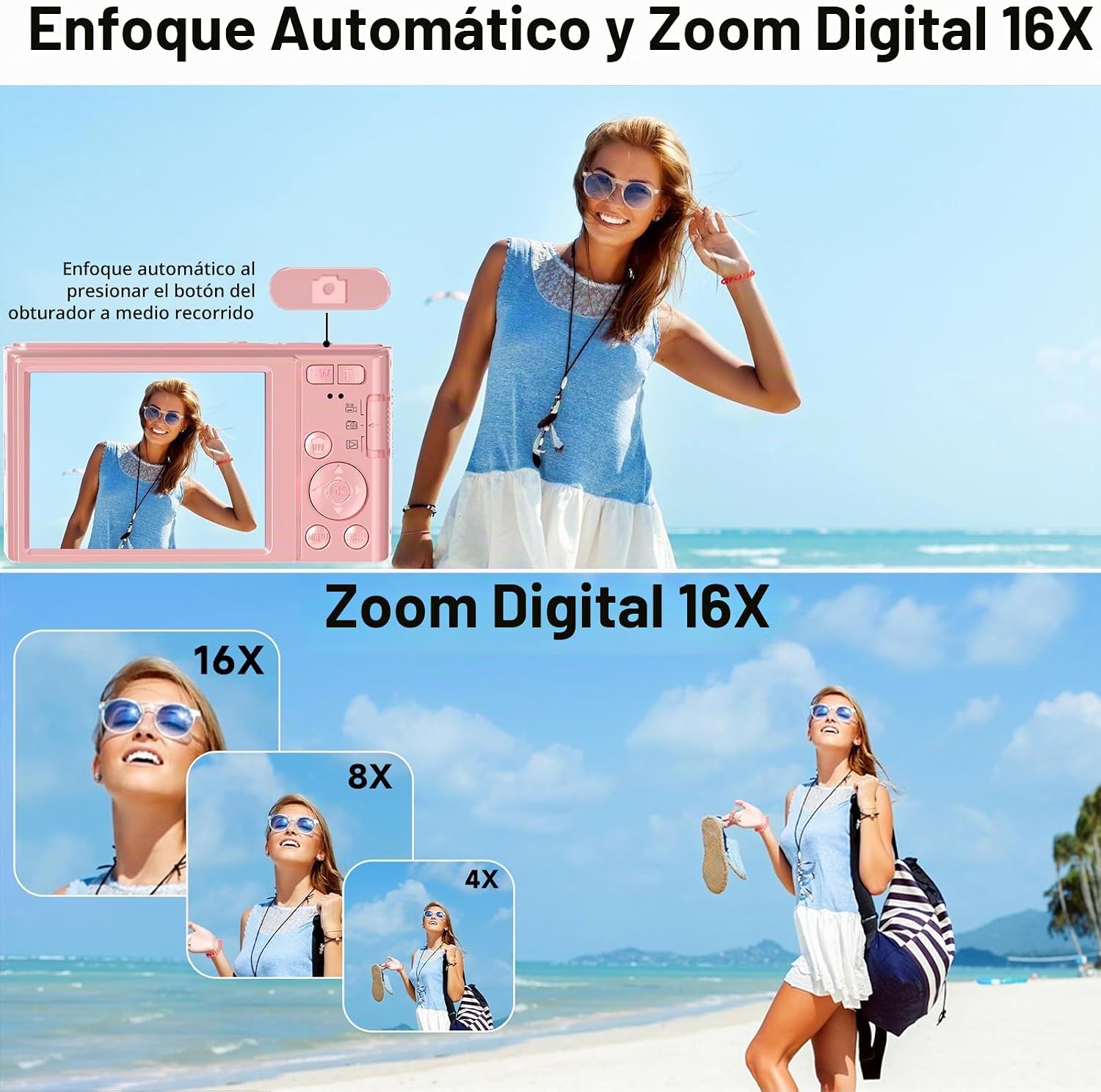 CÁMARA DIGITAL, FHD 4K 44MP CÁMARA DIGITAL PARA FOTOGRAFÍA, ZOOM DIGITAL 16X, CÁMARA DIGITAL DE PUNTO Y DISPARO CON LUCES - 5