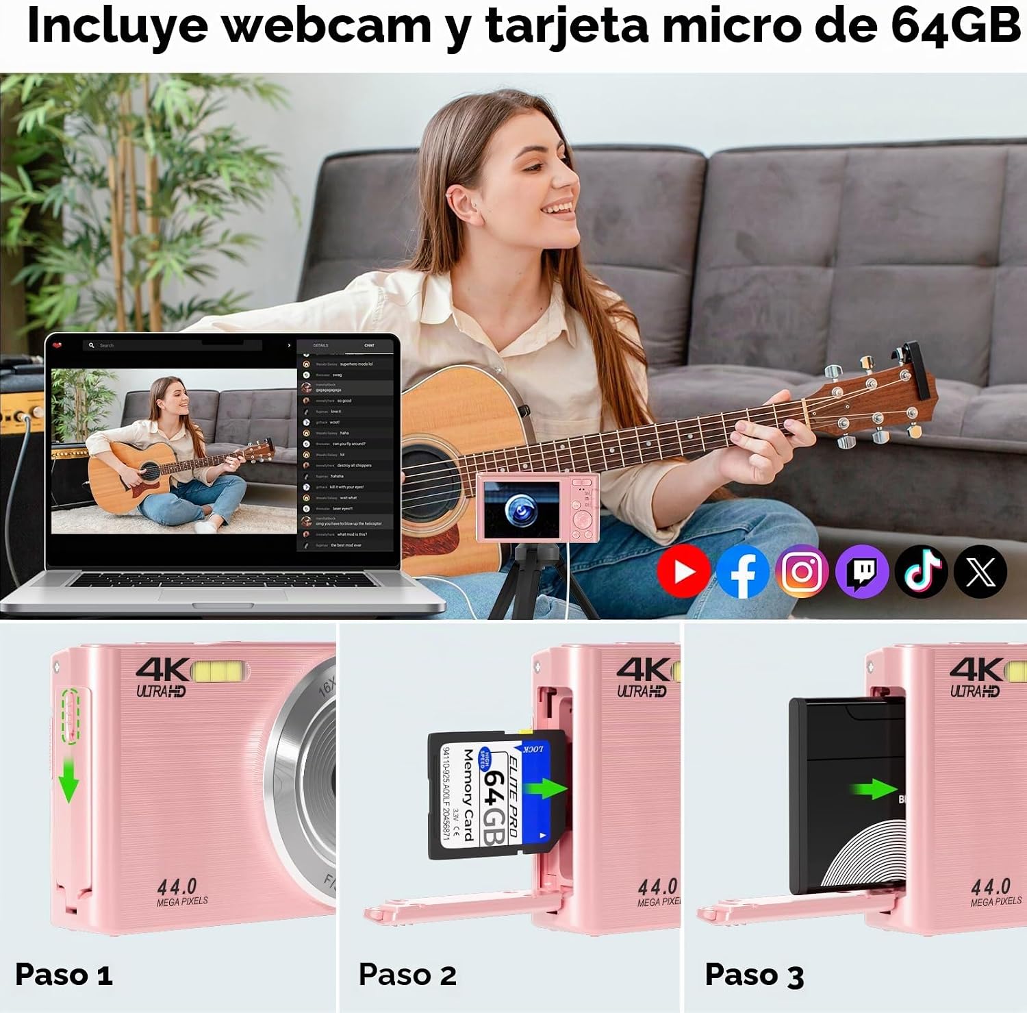 CÁMARA DIGITAL, FHD 4K 44MP CÁMARA DIGITAL PARA FOTOGRAFÍA, ZOOM DIGITAL 16X, CÁMARA DIGITAL DE PUNTO Y DISPARO CON LUCES - 6