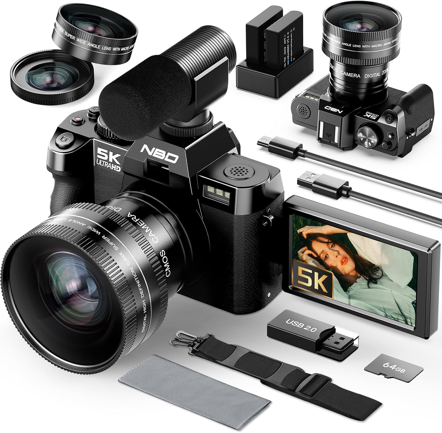 NBD CÁMARAS DIGITALES 5K PARA FOTOGRAFÍA, CÁMARAS FOTOGRÁFICAS DE 64 MP, CÁMARAS DE VLOGGING DE VIAJE PARA YOUTUBE - 1