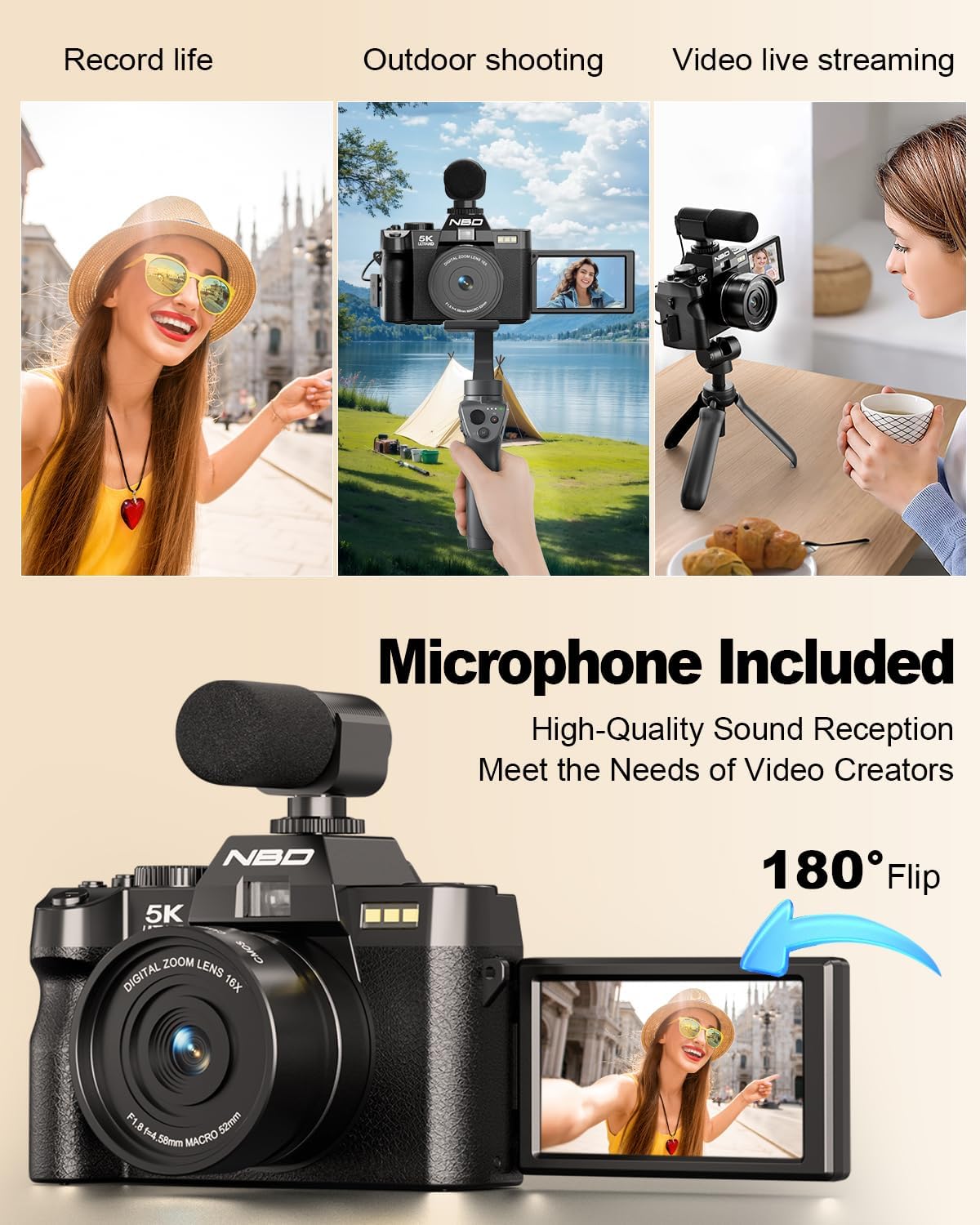 NBD CÁMARAS DIGITALES 5K PARA FOTOGRAFÍA, CÁMARAS FOTOGRÁFICAS DE 64 MP, CÁMARAS DE VLOGGING DE VIAJE PARA YOUTUBE - 4
