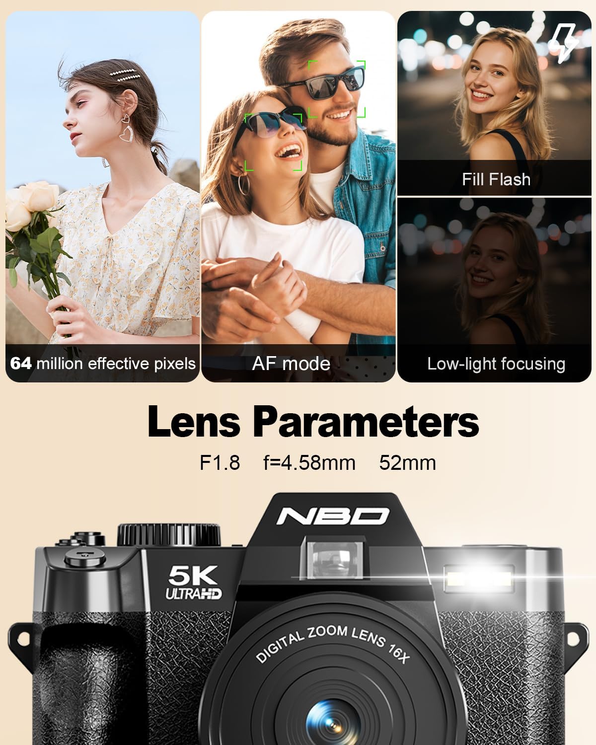 NBD CÁMARAS DIGITALES 5K PARA FOTOGRAFÍA, CÁMARAS FOTOGRÁFICAS DE 64 MP, CÁMARAS DE VLOGGING DE VIAJE PARA YOUTUBE - 6