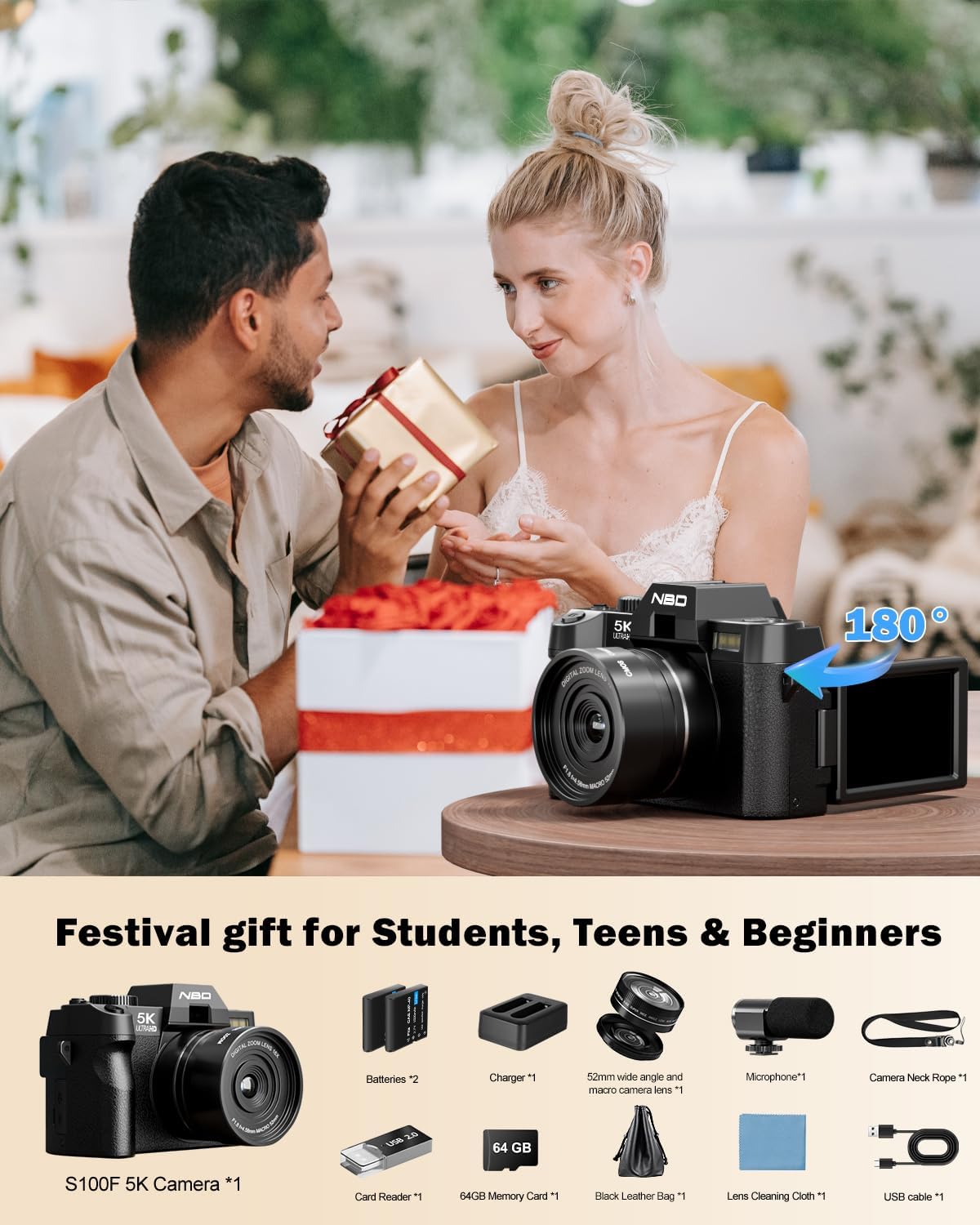 NBD CÁMARAS DIGITALES 5K PARA FOTOGRAFÍA, CÁMARAS FOTOGRÁFICAS DE 64 MP, CÁMARAS DE VLOGGING DE VIAJE PARA YOUTUBE - 7