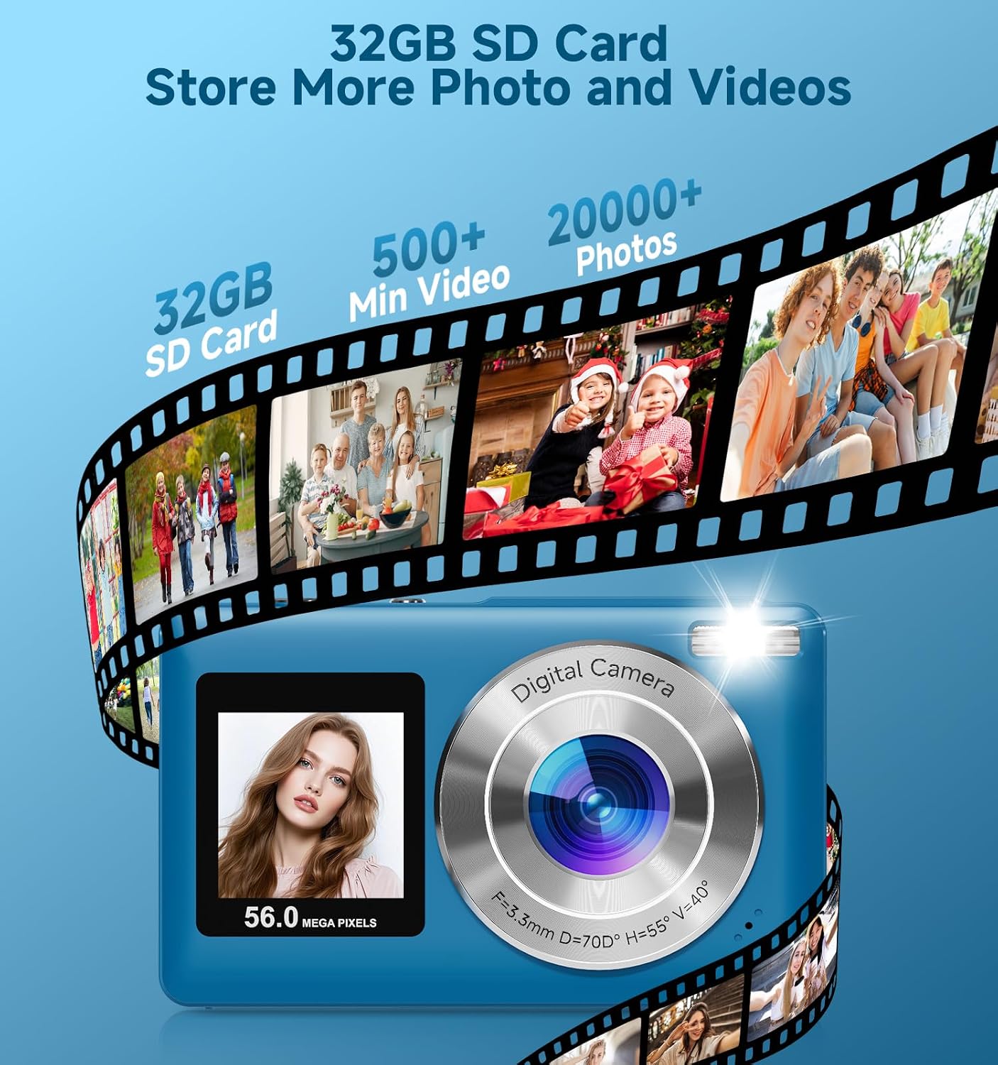 CÁMARA DIGITAL, CÁMARA DE DOBLE PANTALLA DE 56 MP MEJORADA 2026 PARA SELFIES, CÁMARAS DE VIAJE CON ZOOM 16X CON TARJETA SD - 7