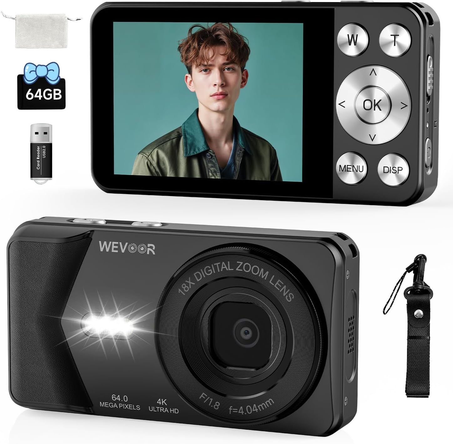 CÁMARA DIGITAL 4K, CÁMARA DIGITAL WEVOOR DE 64MP PARA APUNTAR Y DISPARAR CON ENFOQUE AUTOMÁTICO, ZOOM 18X, 20 FILTROS, - 1
