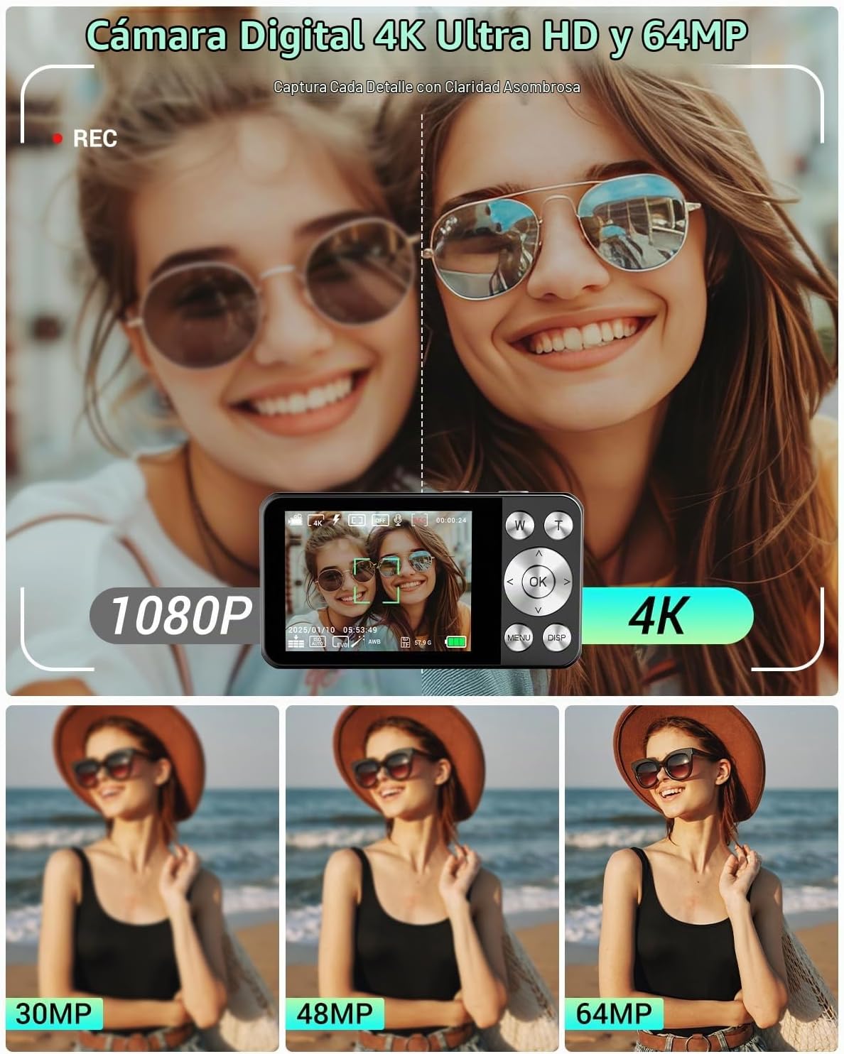 CÁMARA DIGITAL 4K, CÁMARA DIGITAL WEVOOR DE 64MP PARA APUNTAR Y DISPARAR CON ENFOQUE AUTOMÁTICO, ZOOM 18X, 20 FILTROS, - 2
