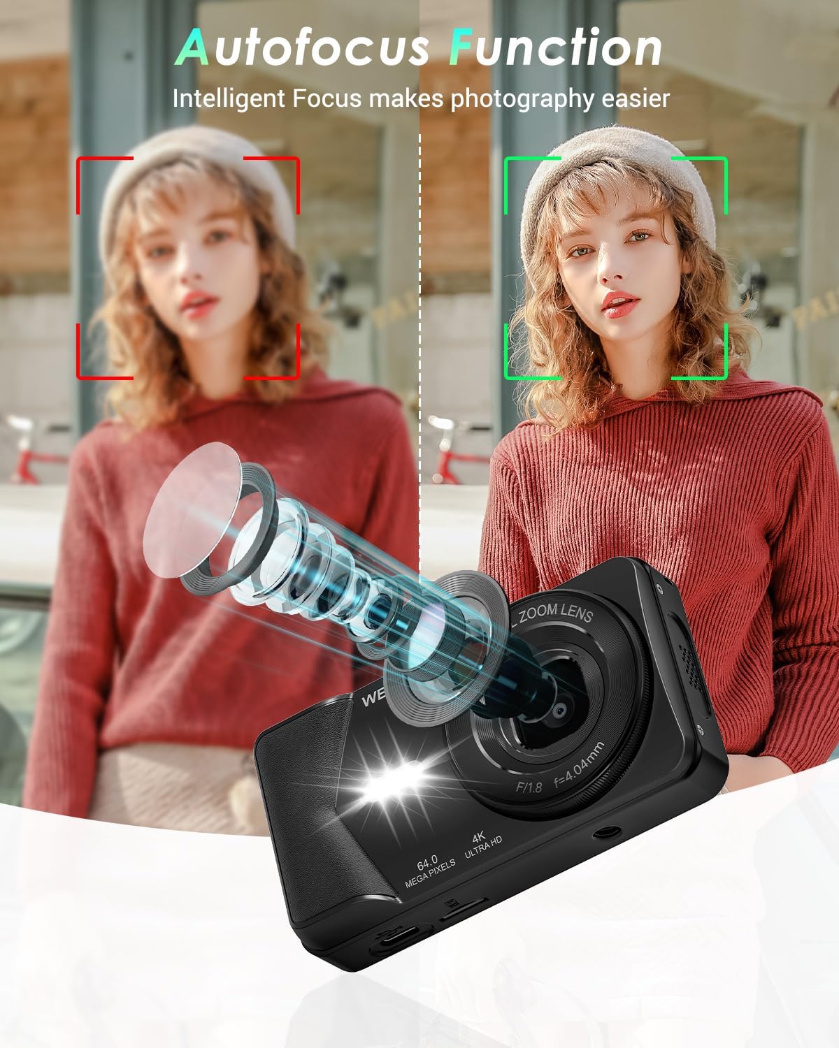 CÁMARA DIGITAL 4K, CÁMARA DIGITAL WEVOOR DE 64MP PARA APUNTAR Y DISPARAR CON ENFOQUE AUTOMÁTICO, ZOOM 18X, 20 FILTROS, - 3